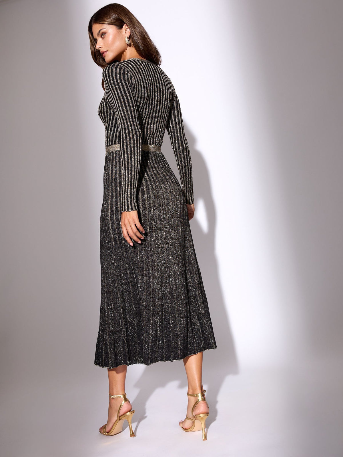 Lipsy Black/Gold Wrap Neck Belted Sparkle Knit Midi Dress