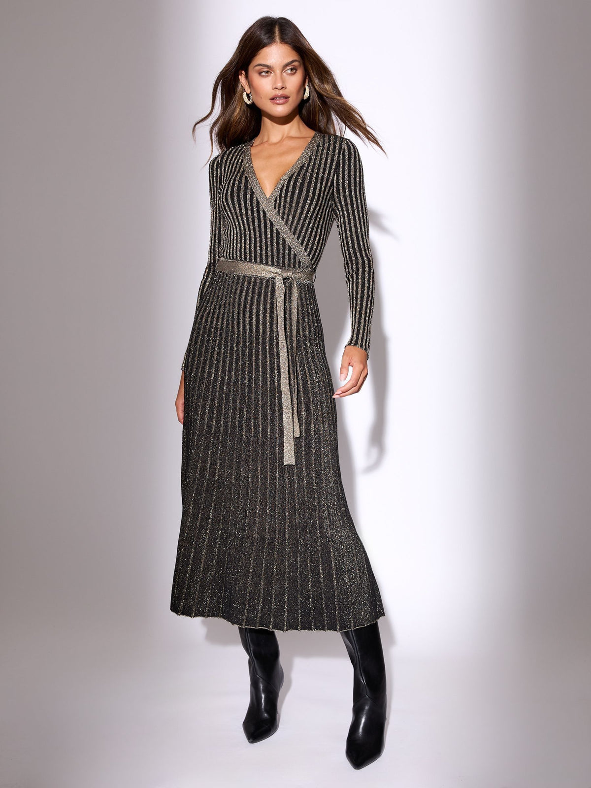 Lipsy Black/Gold Wrap Neck Belted Sparkle Knit Midi Dress