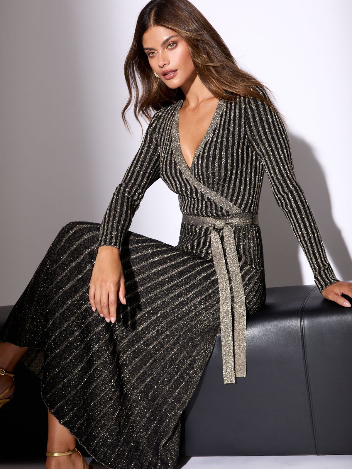 Lipsy Black/Gold Wrap Neck Belted Sparkle Knit Midi Dress