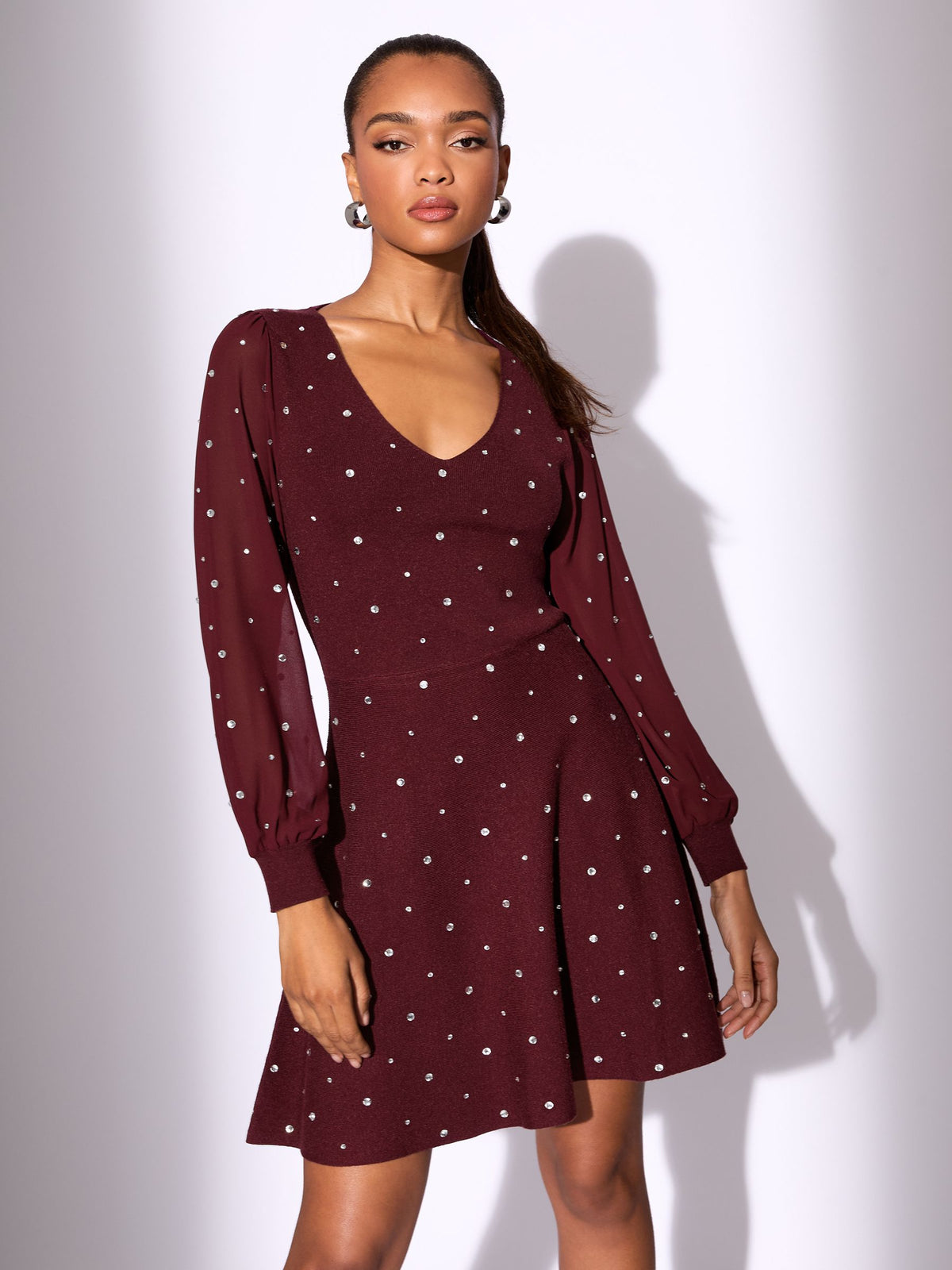 Lipsy Burgundy Red Hotfix Embellished Chiffon Sleeve V-Neck Skater Knitted Mini Dress