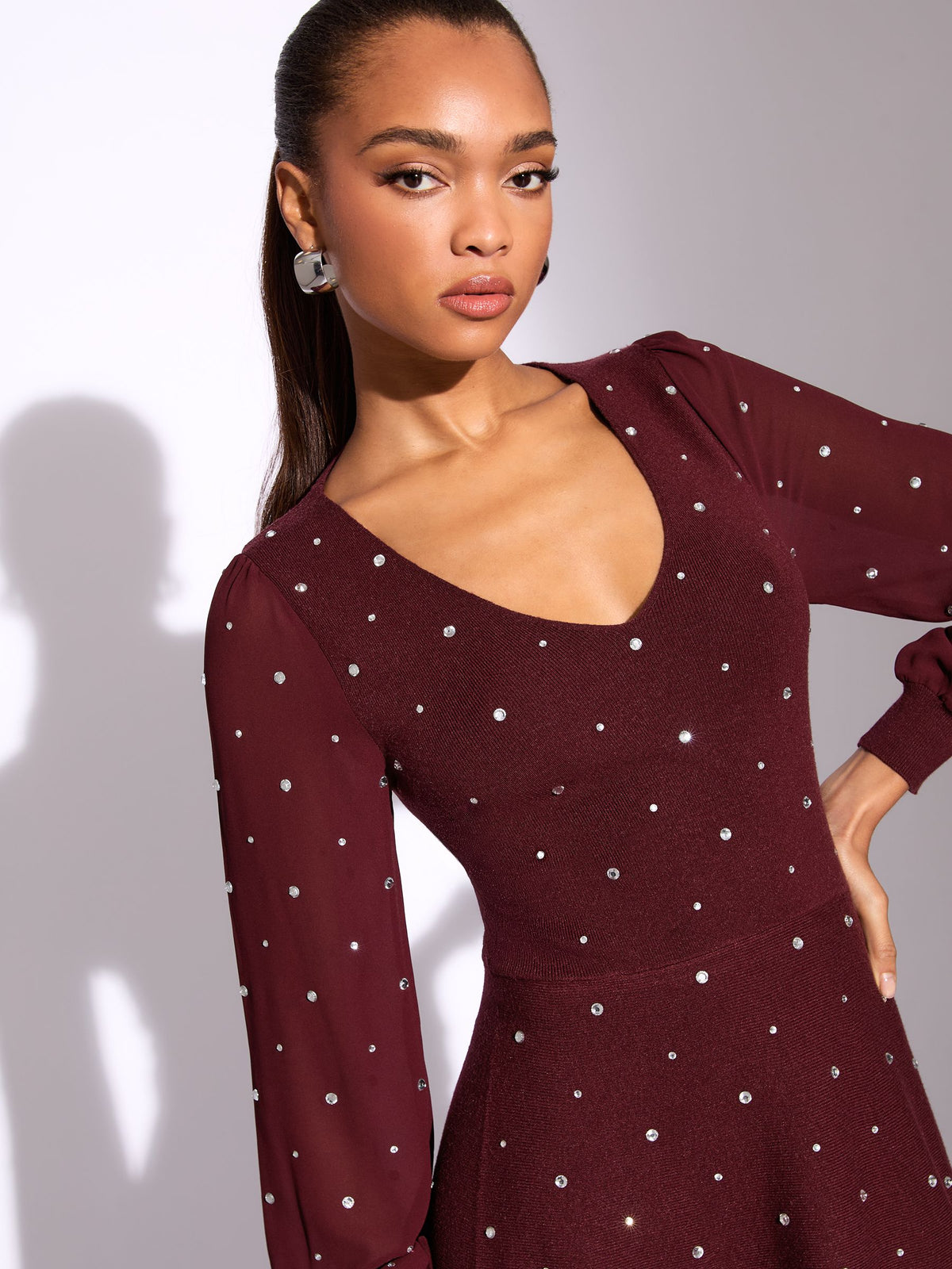 Lipsy Burgundy Red Hotfix Embellished Chiffon Sleeve V-Neck Skater Knitted Mini Dress