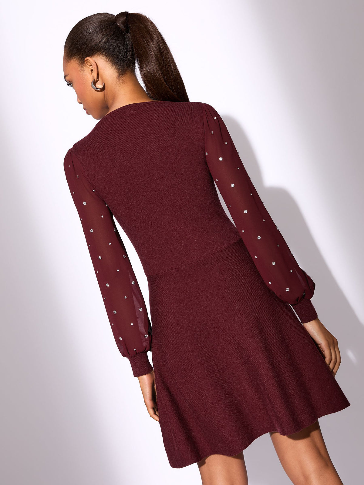 Lipsy Burgundy Red Hotfix Embellished Chiffon Sleeve V-Neck Skater Knitted Mini Dress