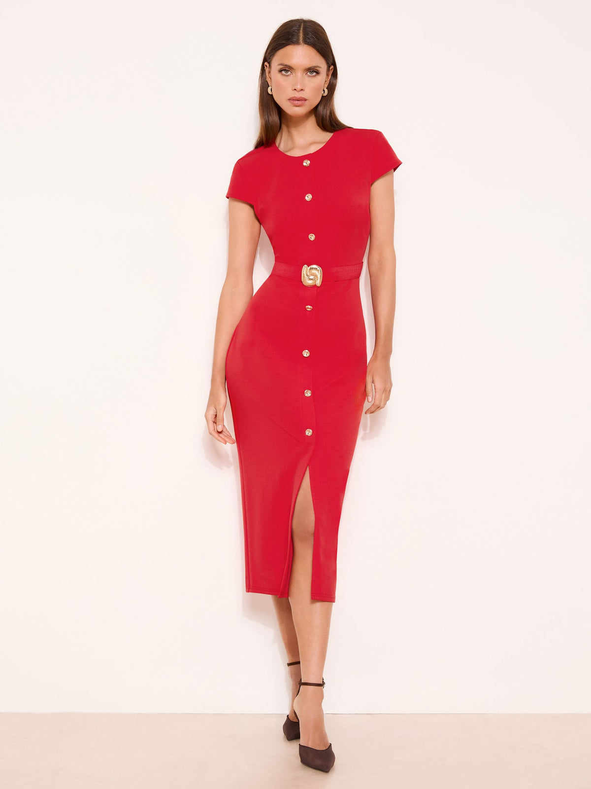 Lipsy London Lipsy Red Cap Sleeve Button Through Belted Bodycon Midi Dress