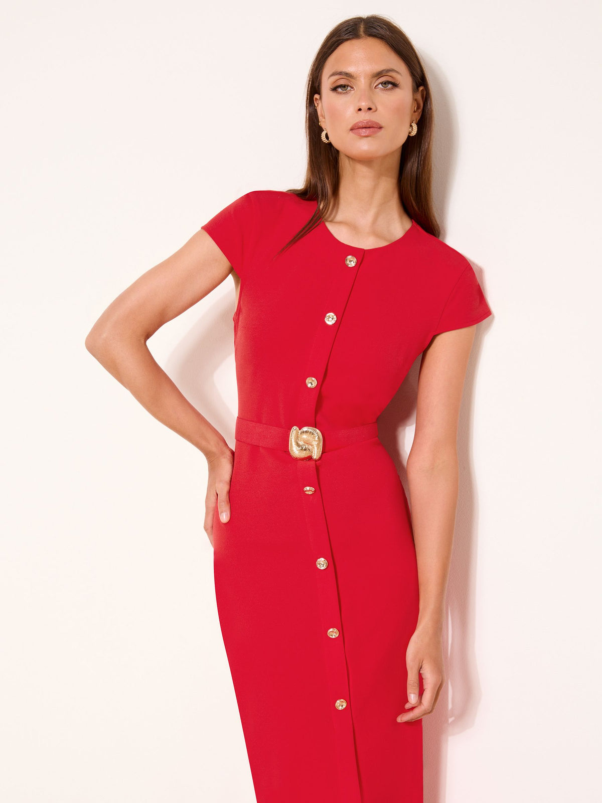 Lipsy London Lipsy Red Cap Sleeve Button Through Belted Bodycon Midi Dress