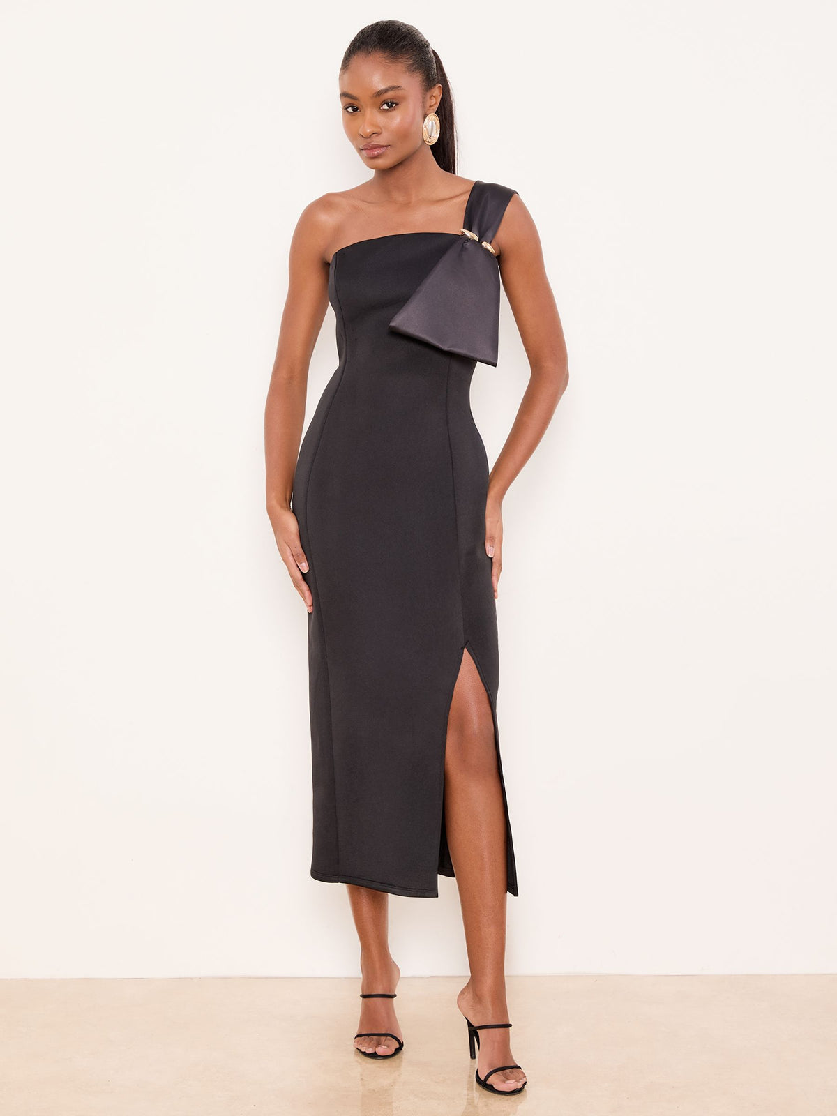 Lipsy London Lipsy Black One Shoulder Asym Bow Bodycon Midi Dress