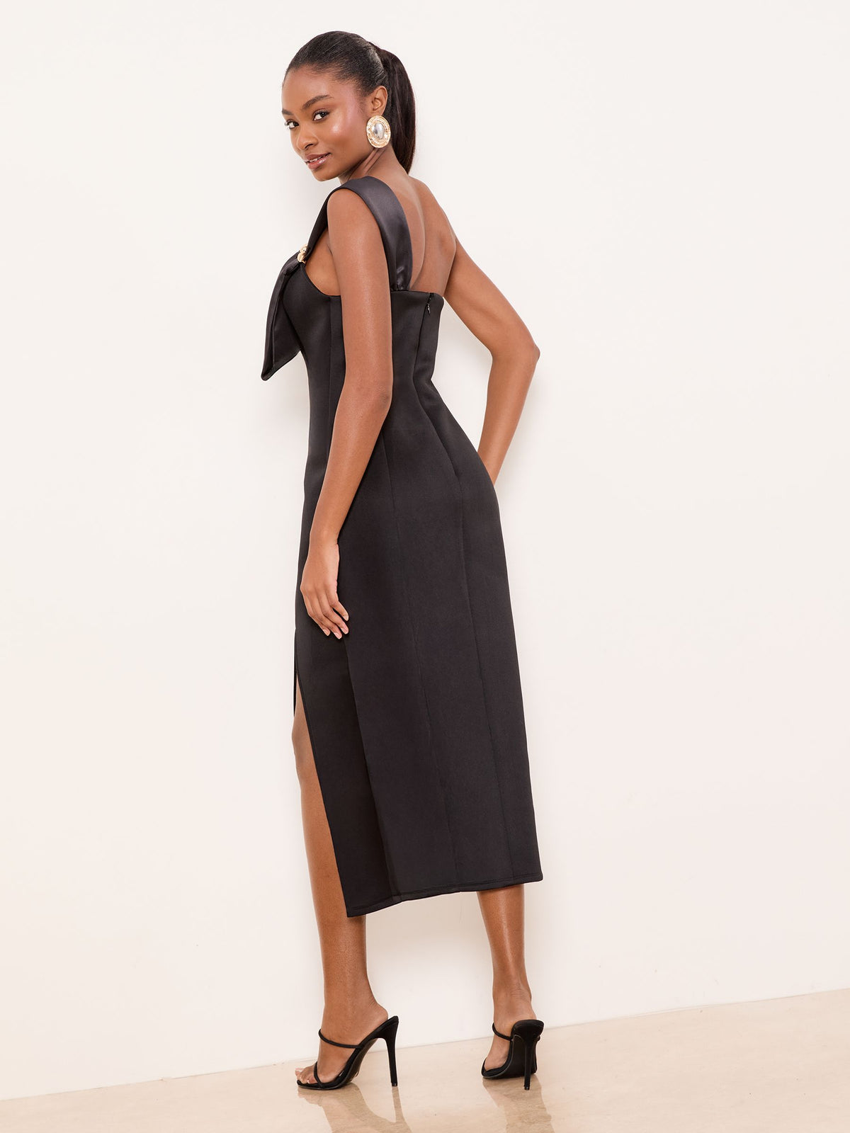 Lipsy London Lipsy Black One Shoulder Asym Bow Bodycon Midi Dress