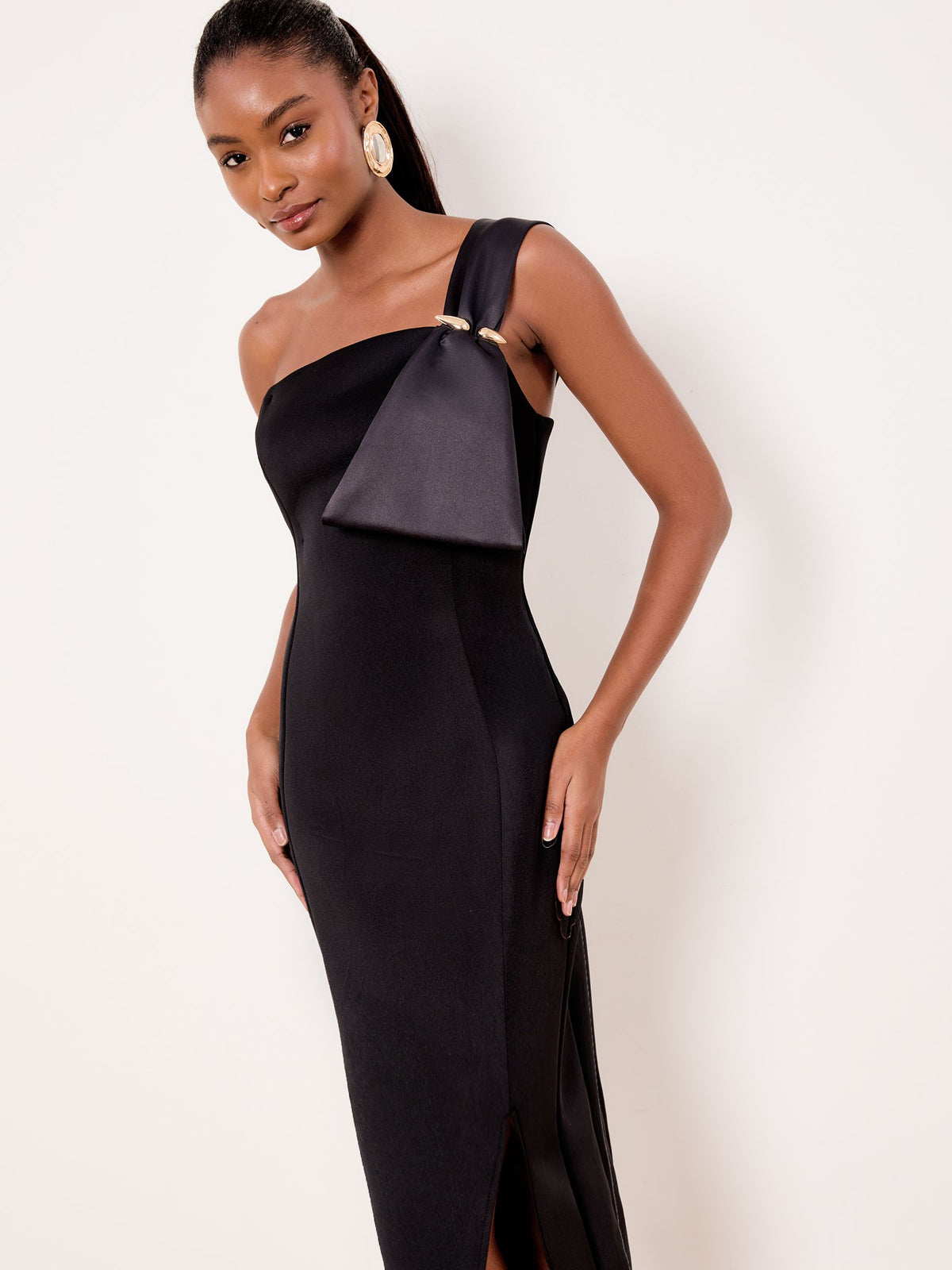 Lipsy London Lipsy Black One Shoulder Asym Bow Bodycon Midi Dress