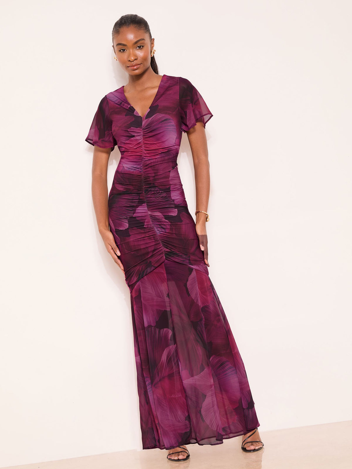 Lipsy London Lipsy Pink Floral Print Ruched Mesh Maxi Dress