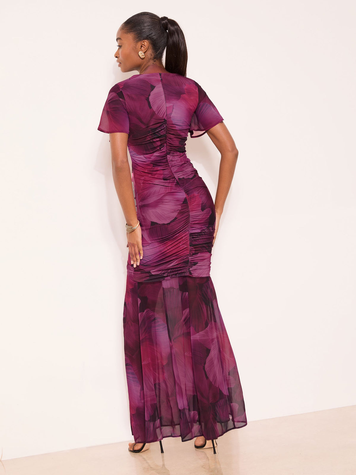 Lipsy London Lipsy Pink Floral Print Ruched Mesh Maxi Dress