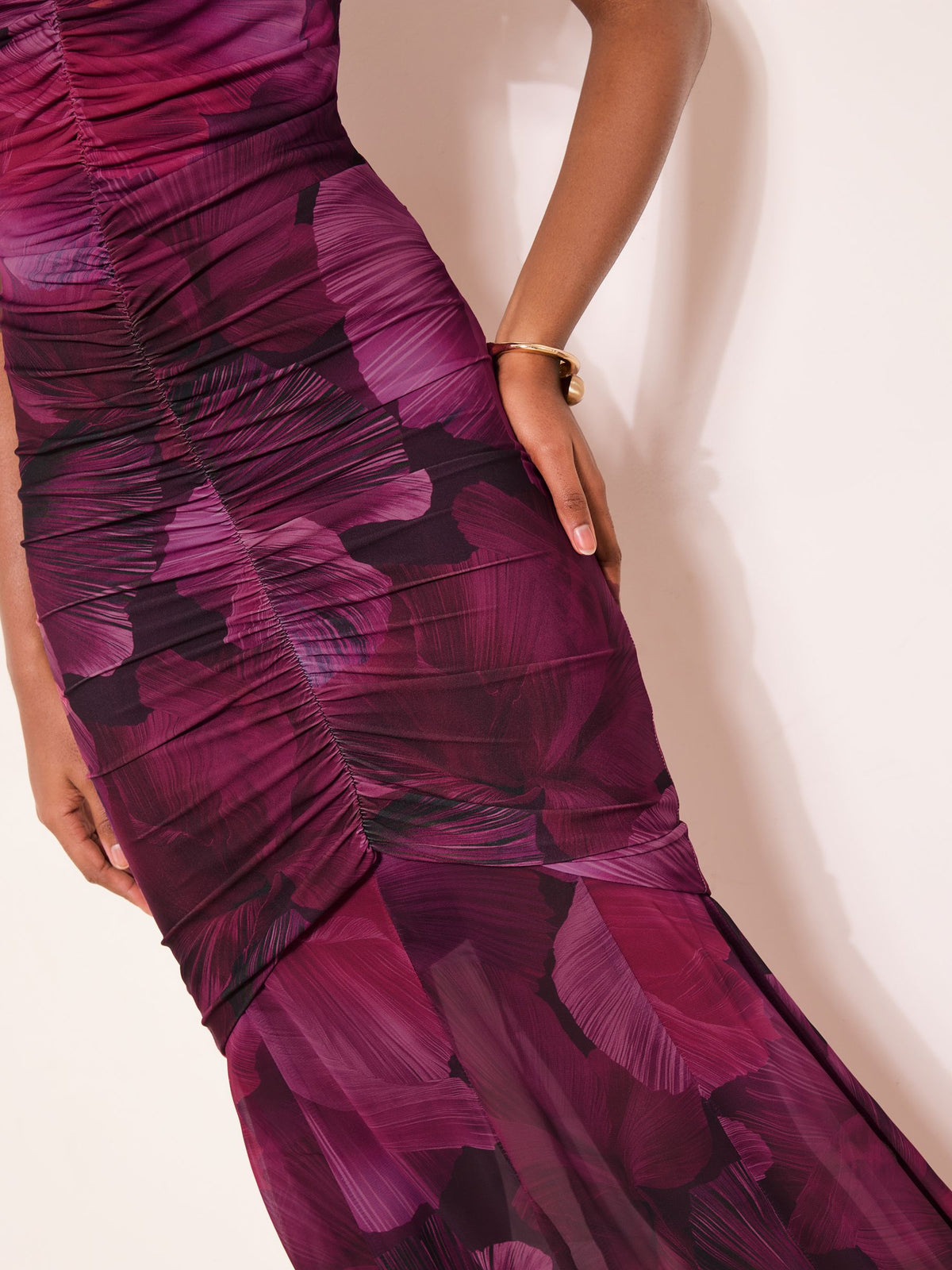 Lipsy London Lipsy Pink Floral Print Ruched Mesh Maxi Dress