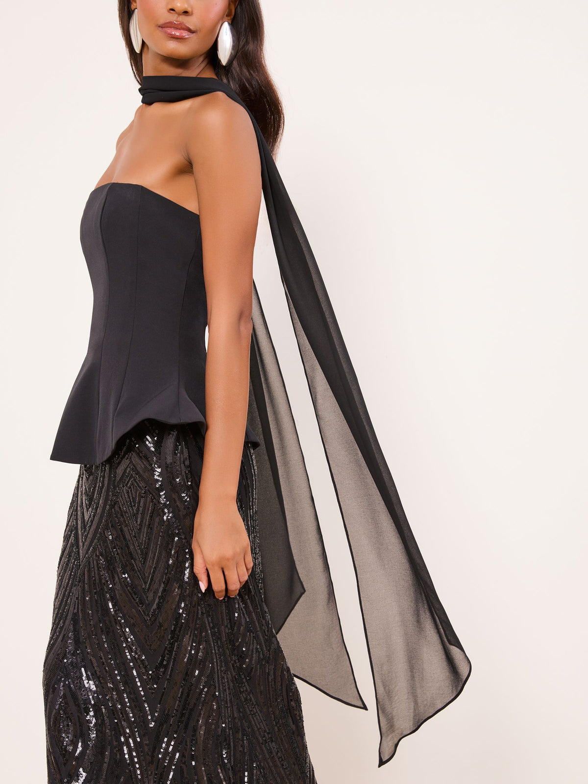 Lipsy London Lipsy Black Premium Bandeau Corset Sequin Combination Maxi Dress