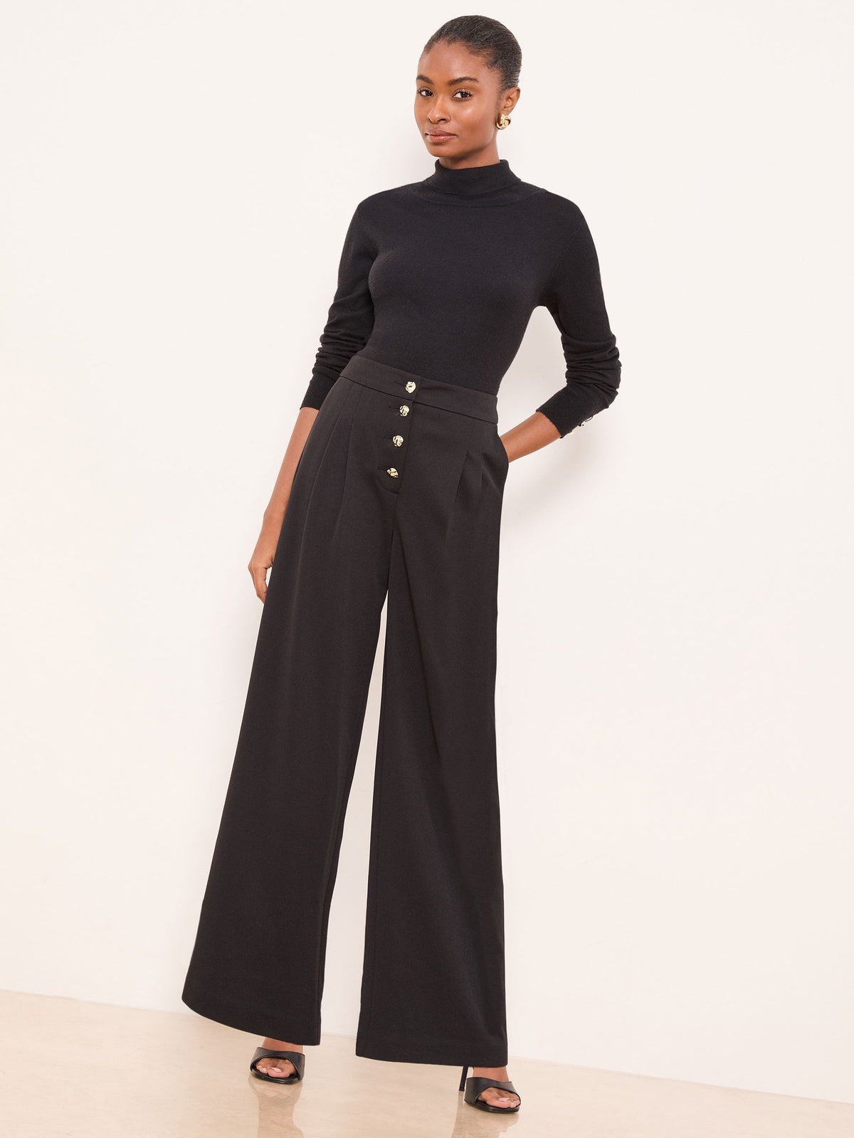 Lipsy London Lipsy Black Button Fly Pleated Wide Leg Trousers