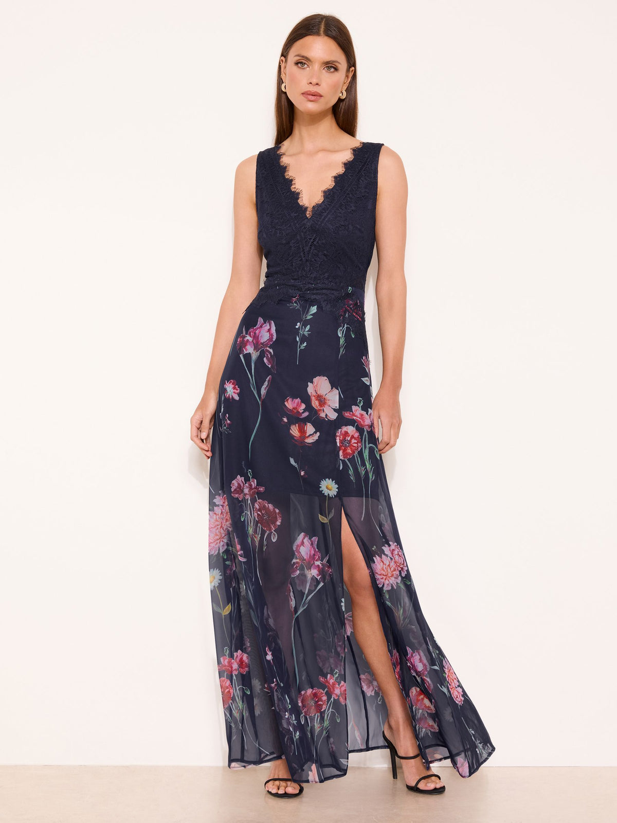Lipsy London Lipsy Navy Blue Floral Print V-Neck Lace Maxi Dress