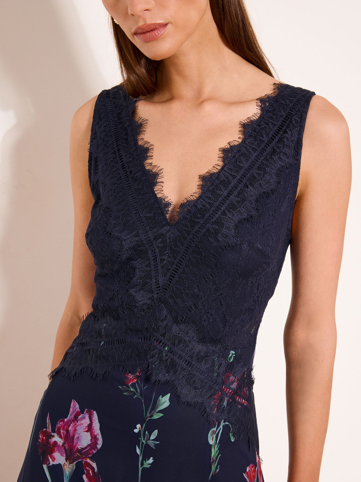 Lipsy London Lipsy Navy Blue Floral Print V-Neck Lace Maxi Dress