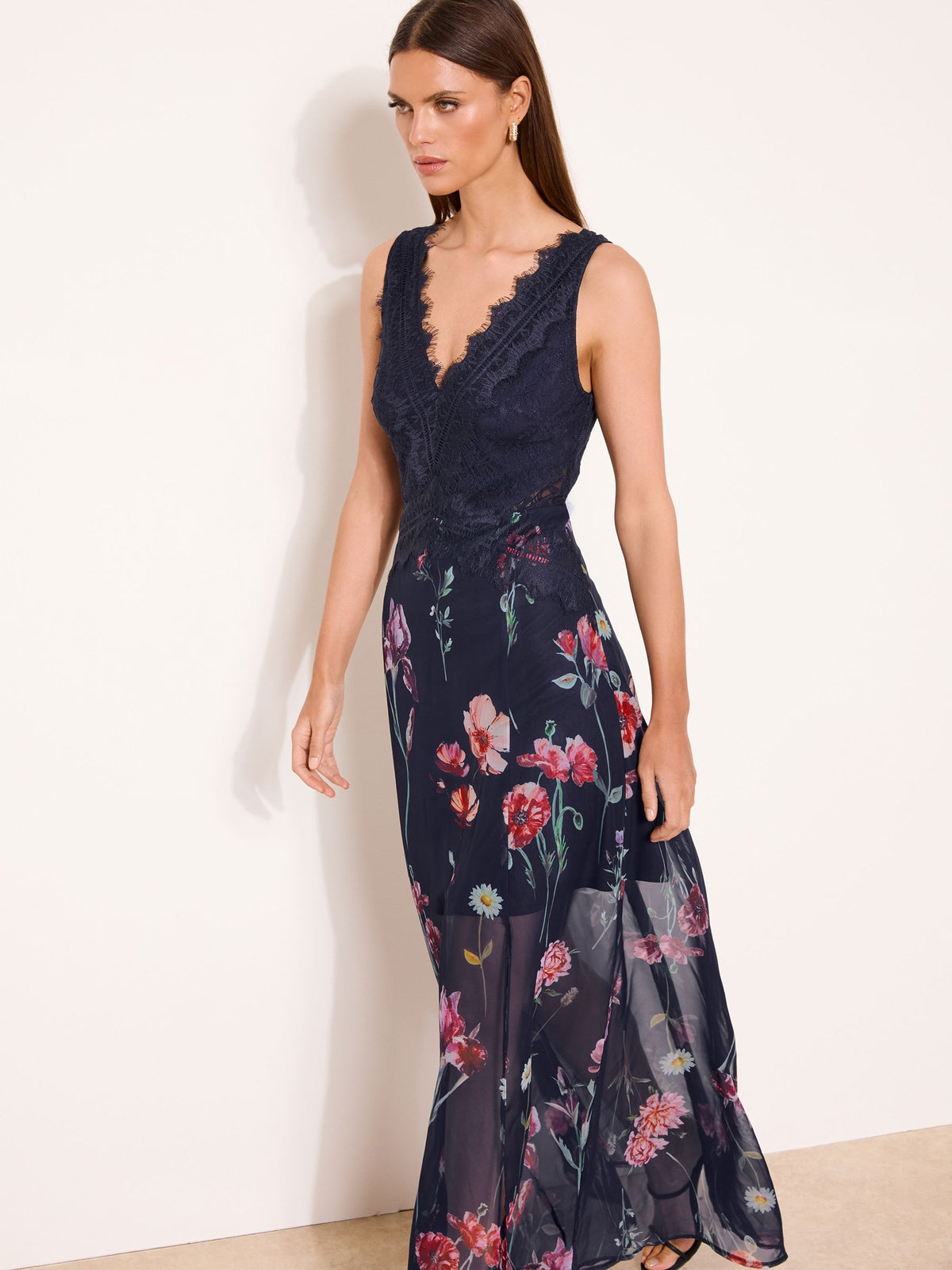 Lipsy London Lipsy Navy Blue Floral Print V-Neck Lace Maxi Dress