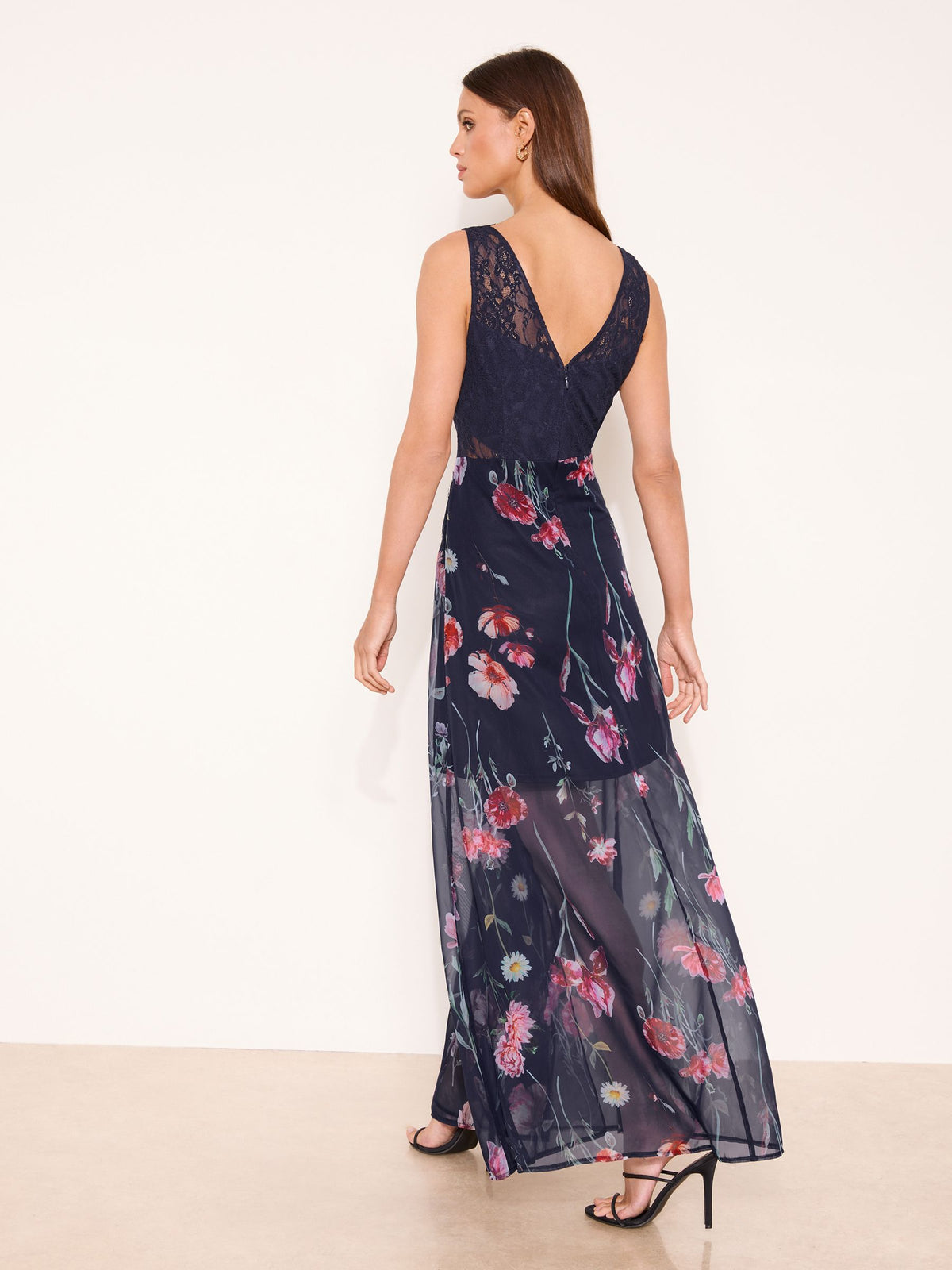 Lipsy London Lipsy Navy Blue Floral Print V-Neck Lace Maxi Dress