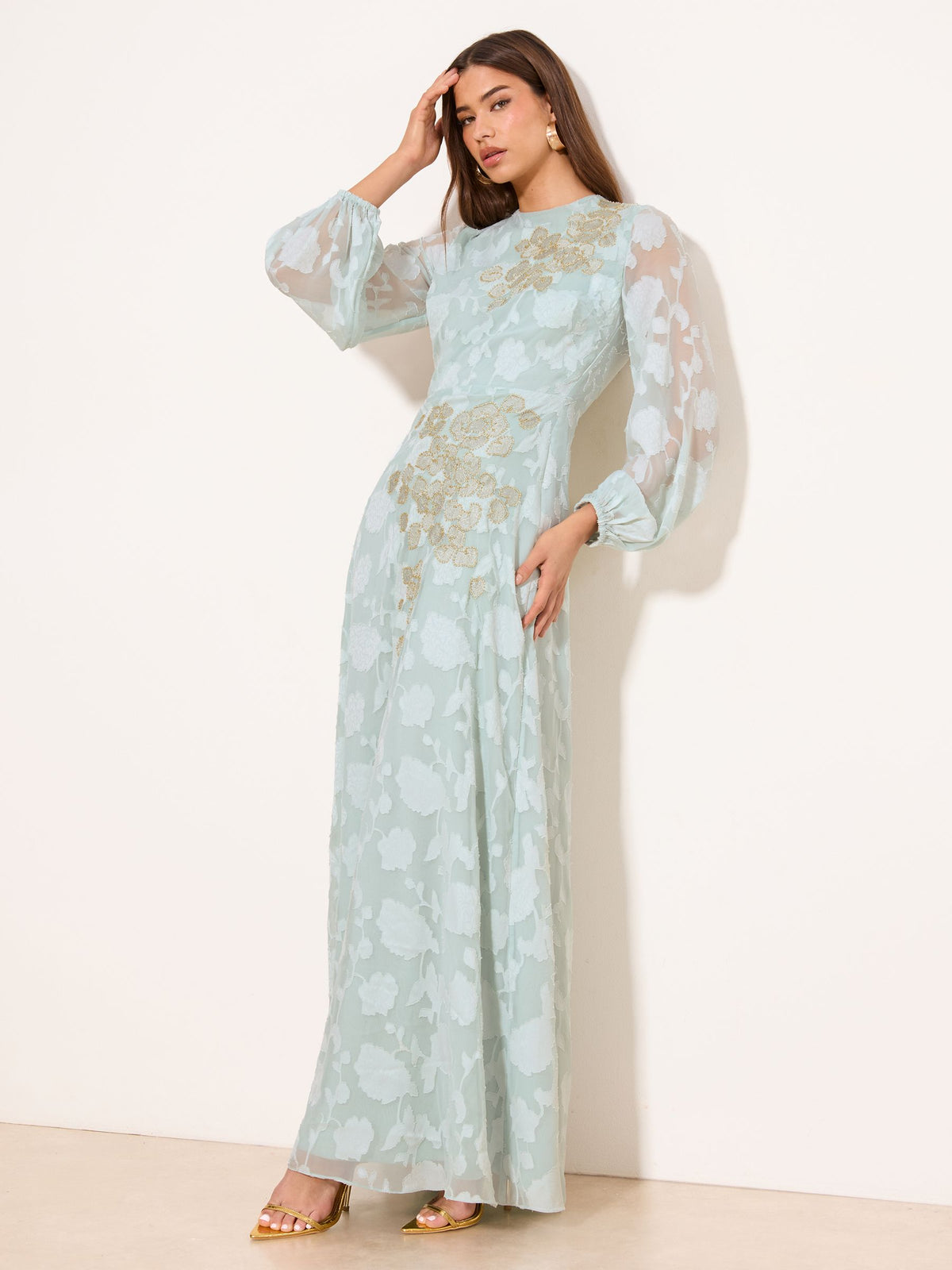Lipsy London Lipsy Mint Green EID Long Sleeve Floral Burnout Embrodiery Maxi Dress