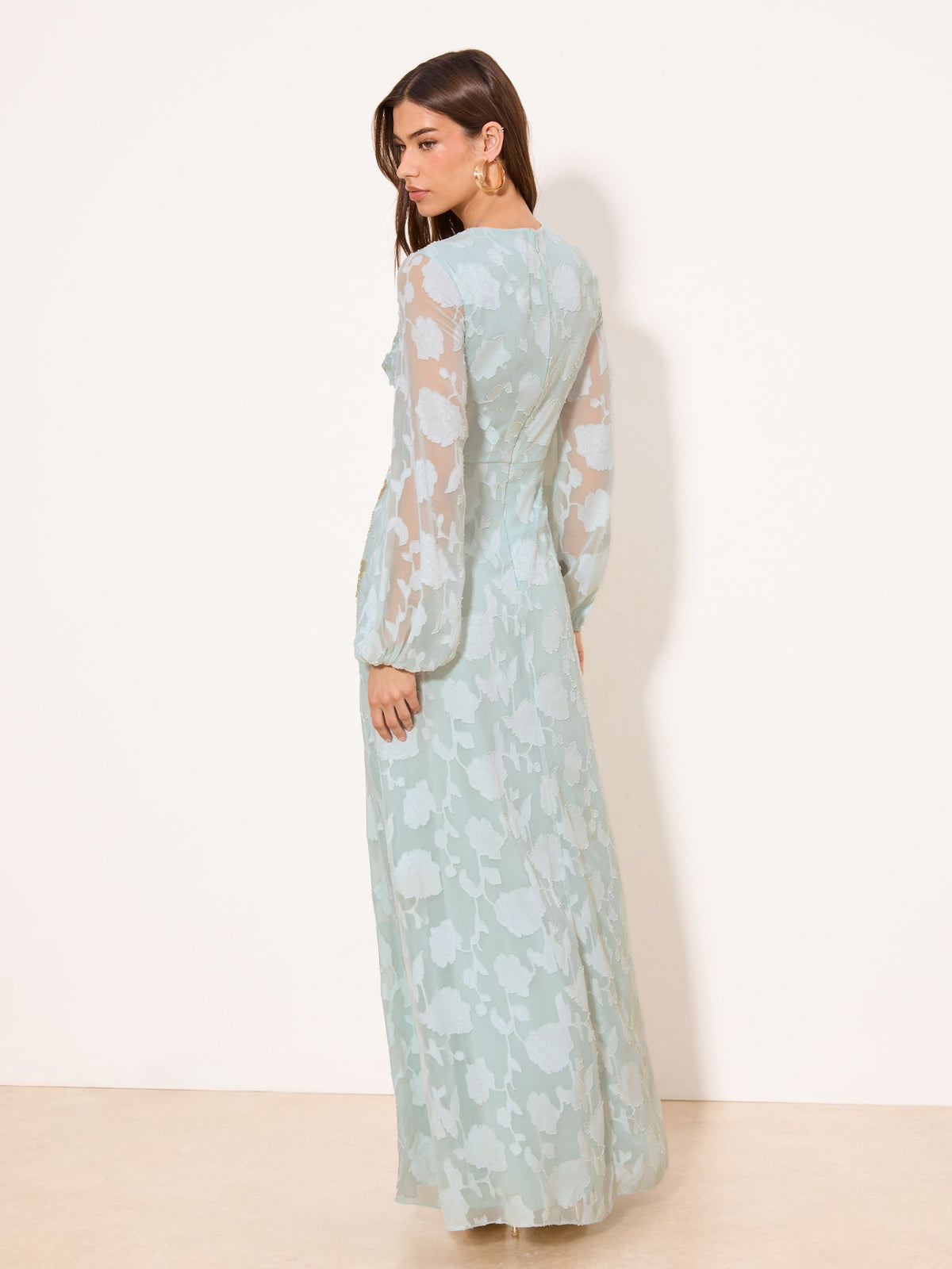 Lipsy London Lipsy Mint Green EID Long Sleeve Floral Burnout Embrodiery Maxi Dress
