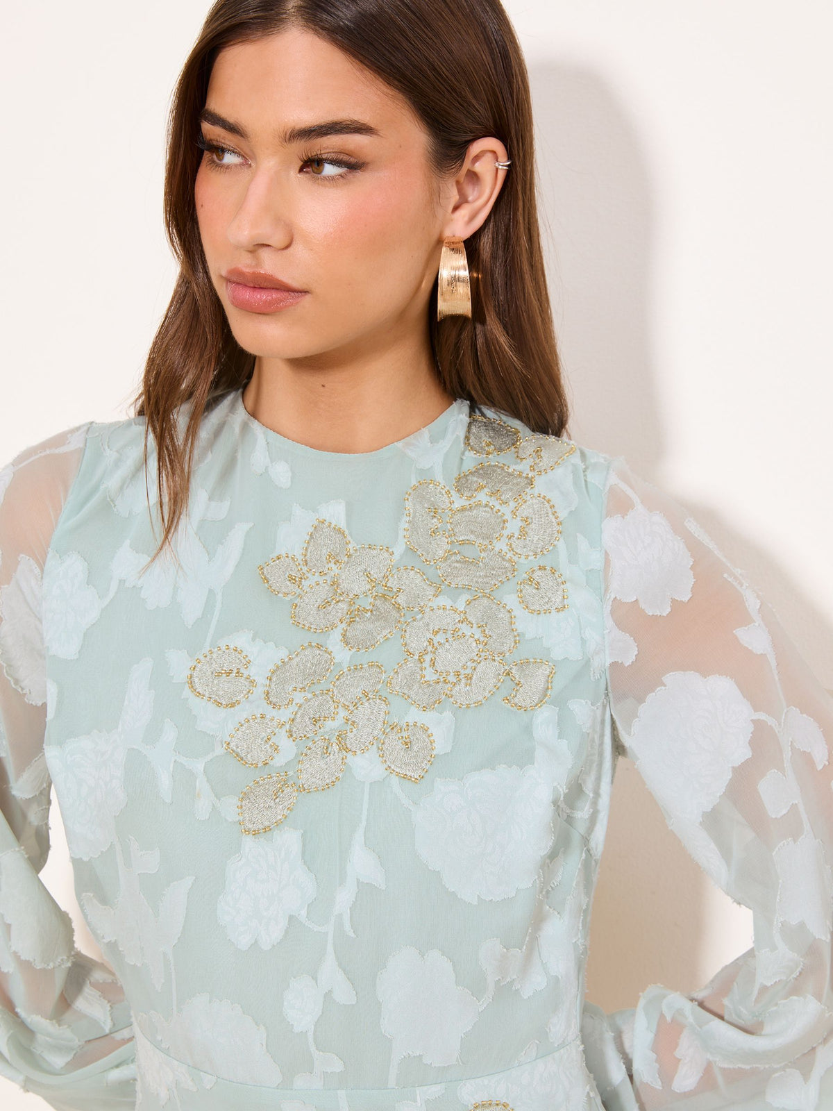 Lipsy London Lipsy Mint Green EID Long Sleeve Floral Burnout Embrodiery Maxi Dress