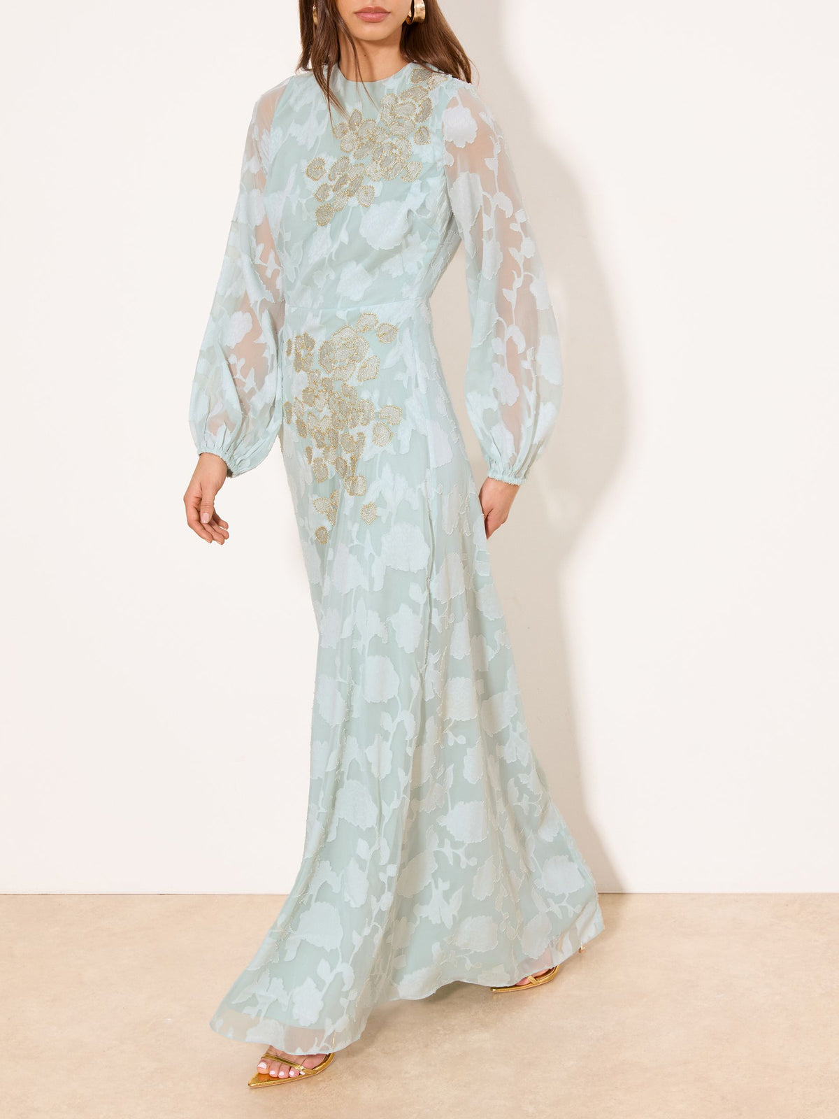 Lipsy London Lipsy Mint Green EID Long Sleeve Floral Burnout Embrodiery Maxi Dress