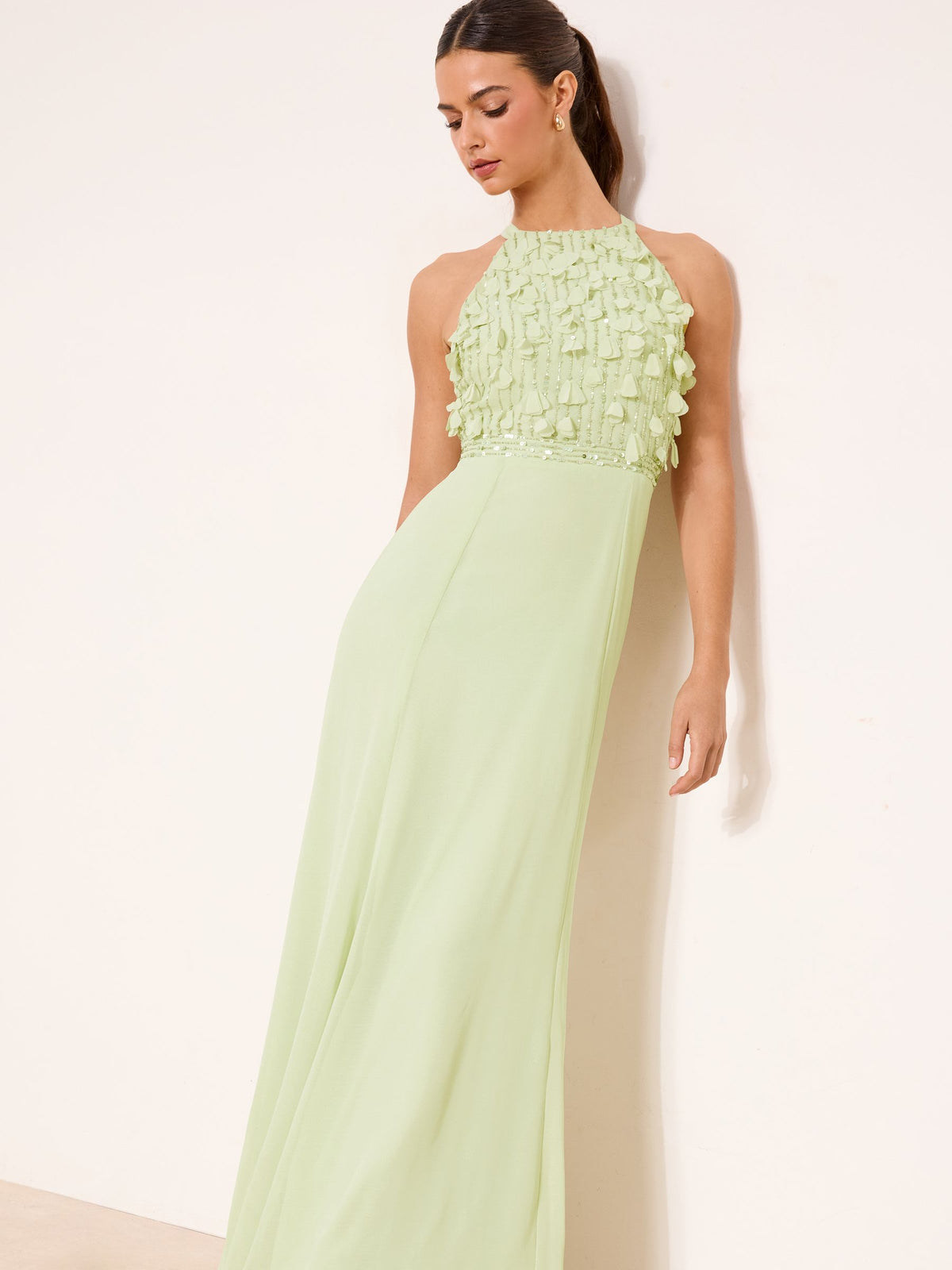 Lipsy London Lipsy Sage Green Bridesmaid Embrodiery 3D Halter Maxi Dress
