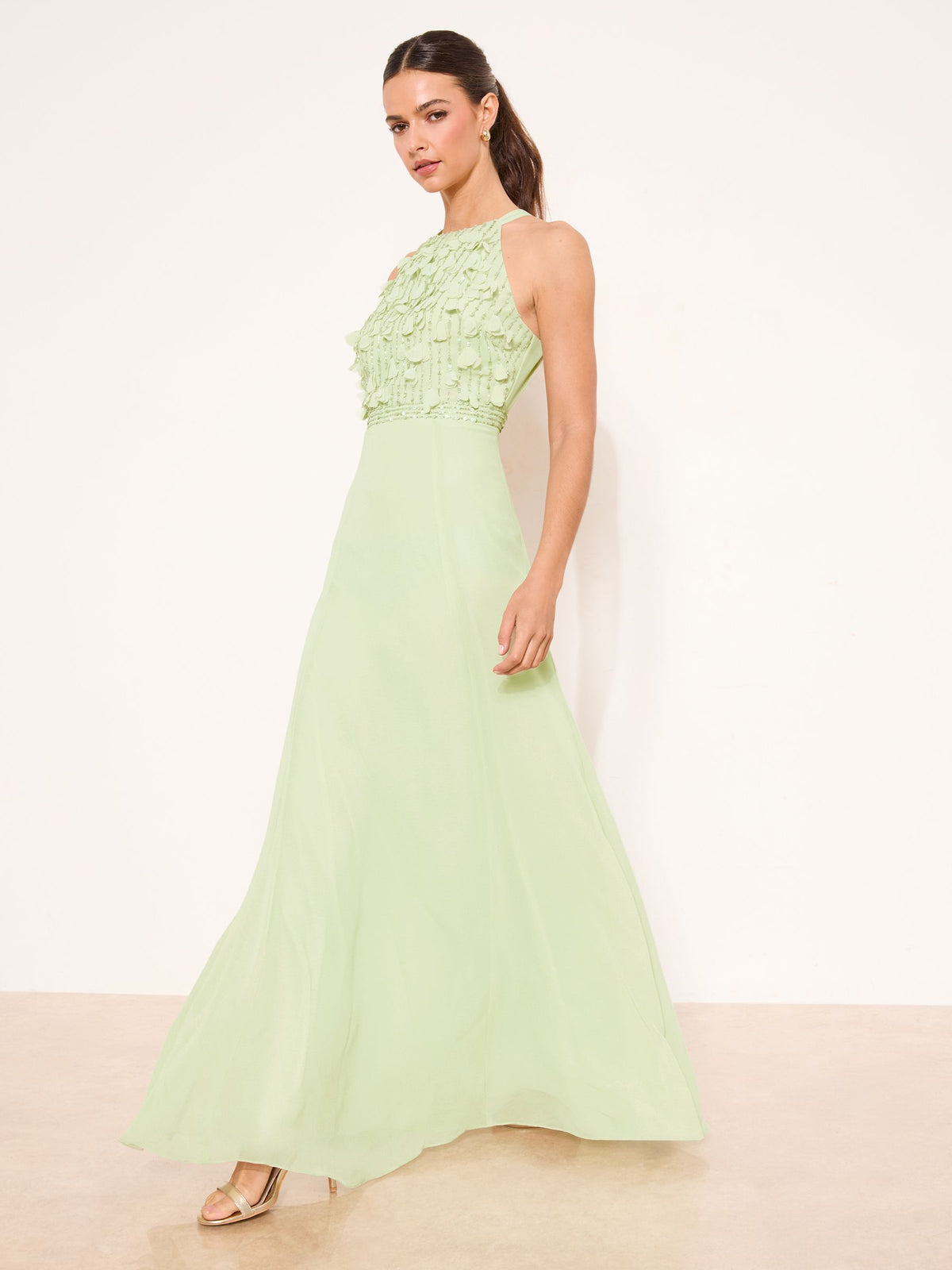 Lipsy London Lipsy Sage Green Bridesmaid Embrodiery 3D Halter Maxi Dress