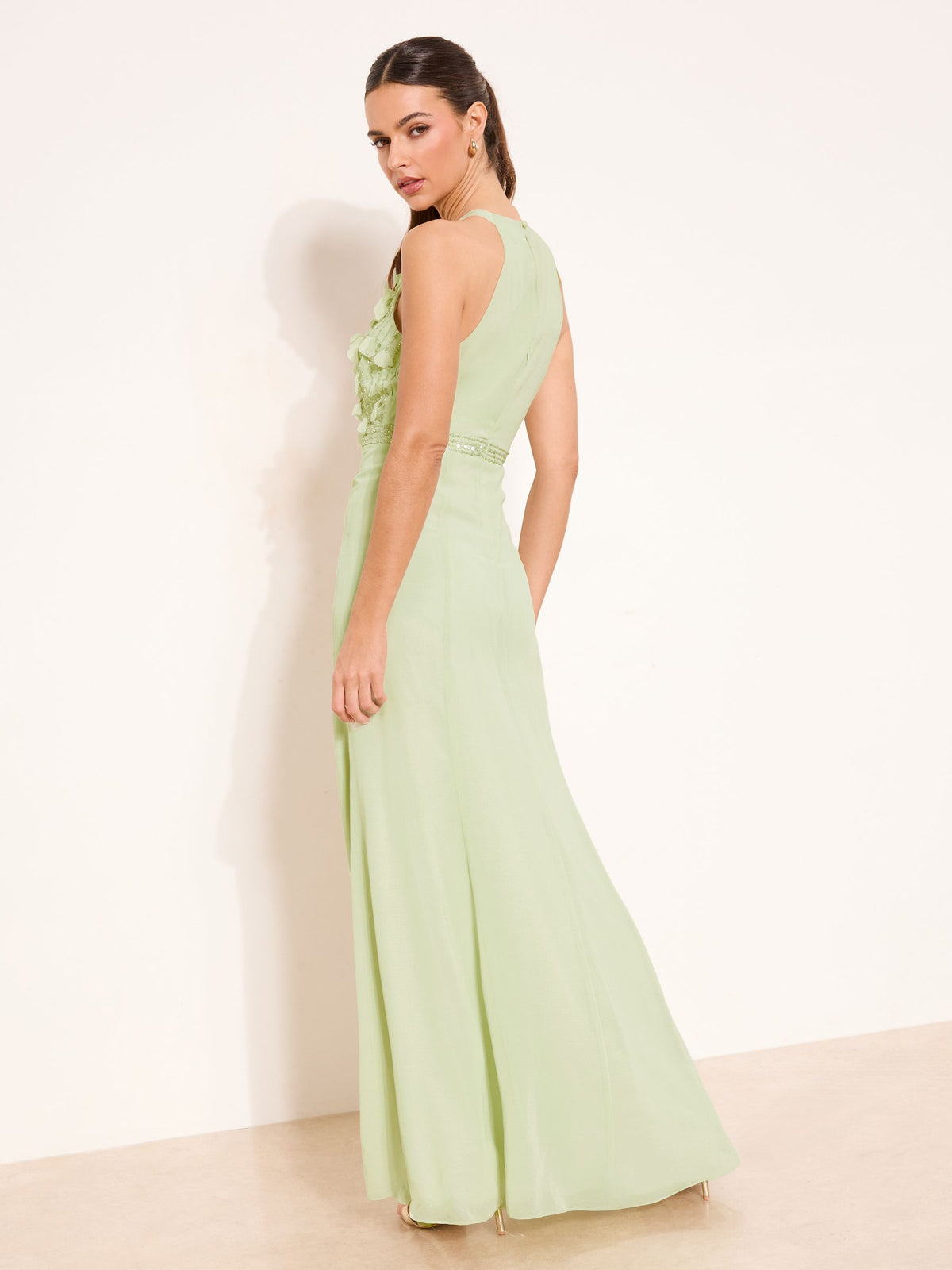 Lipsy London Lipsy Sage Green Bridesmaid Embrodiery 3D Halter Maxi Dress