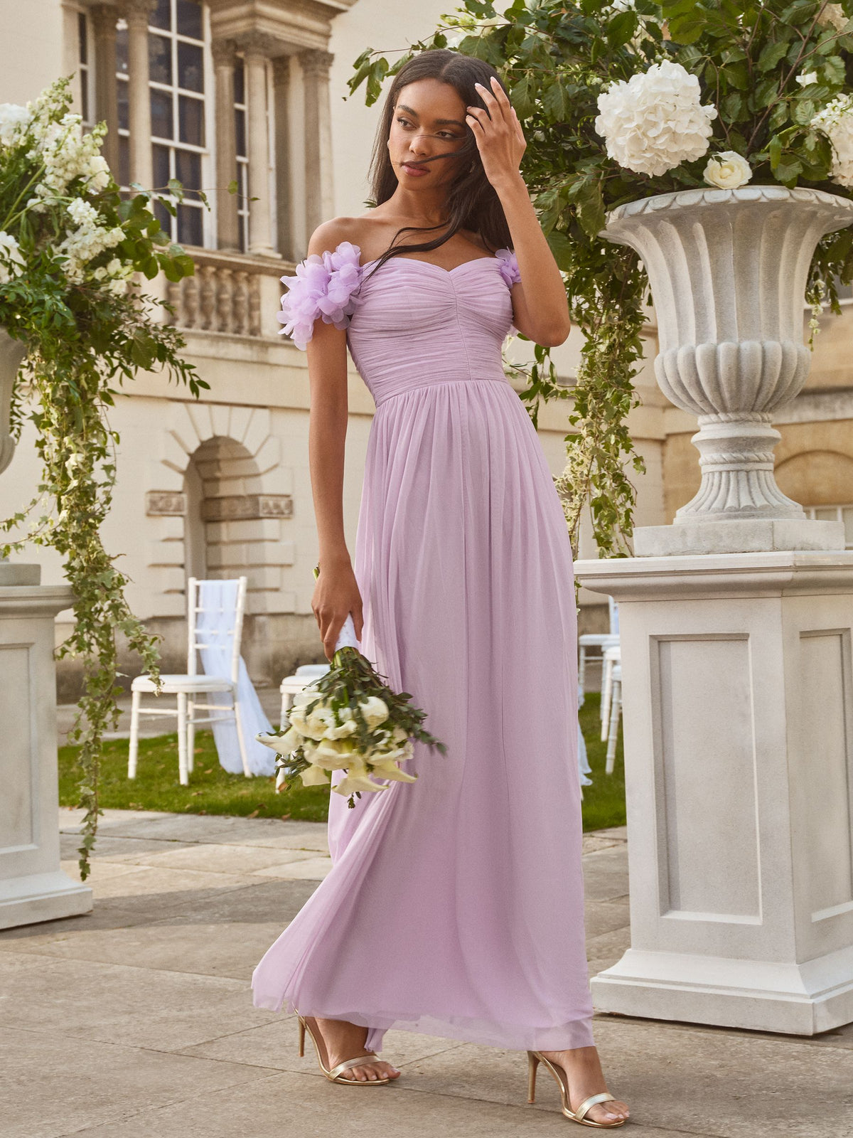 Lipsy London Lilac Purple Bridesmaid 3D Floral Off Shoulder Maxi Dress