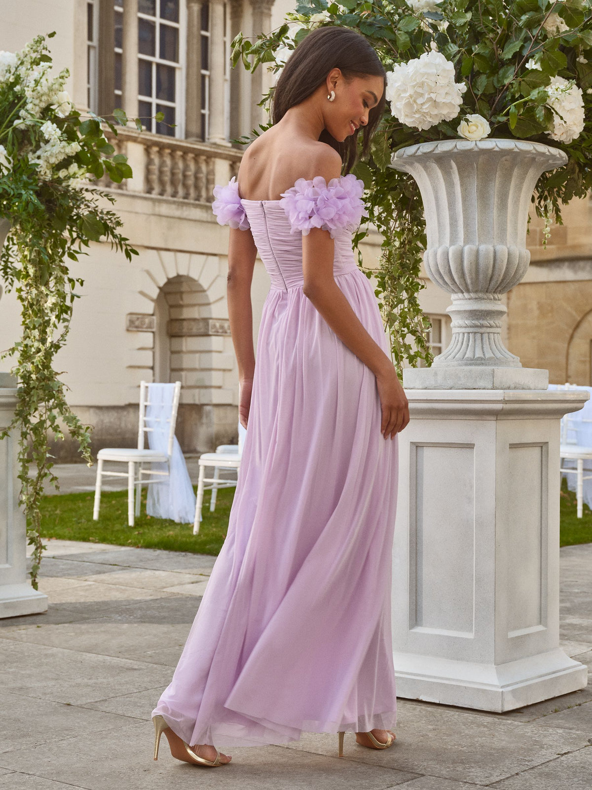 Lipsy London Lilac Purple Bridesmaid 3D Floral Off Shoulder Maxi Dress