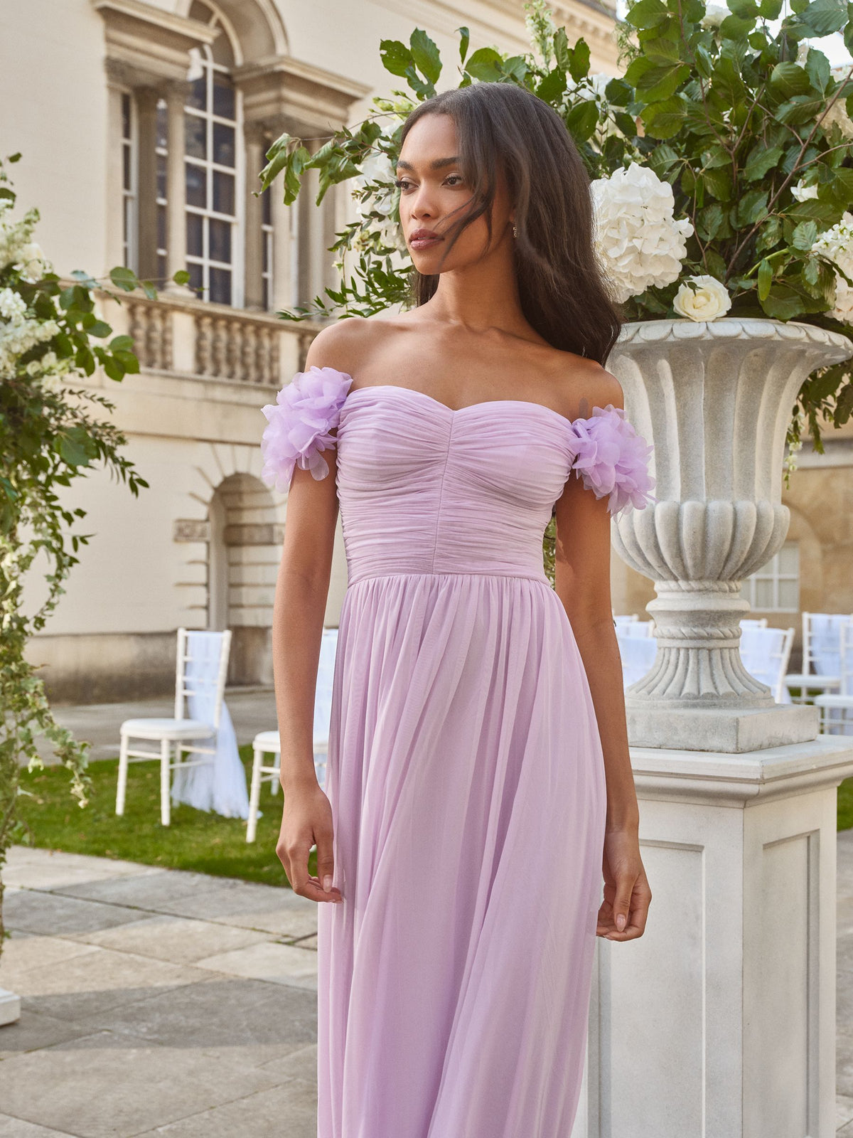 Lipsy London Lilac Purple Bridesmaid 3D Floral Off Shoulder Maxi Dress
