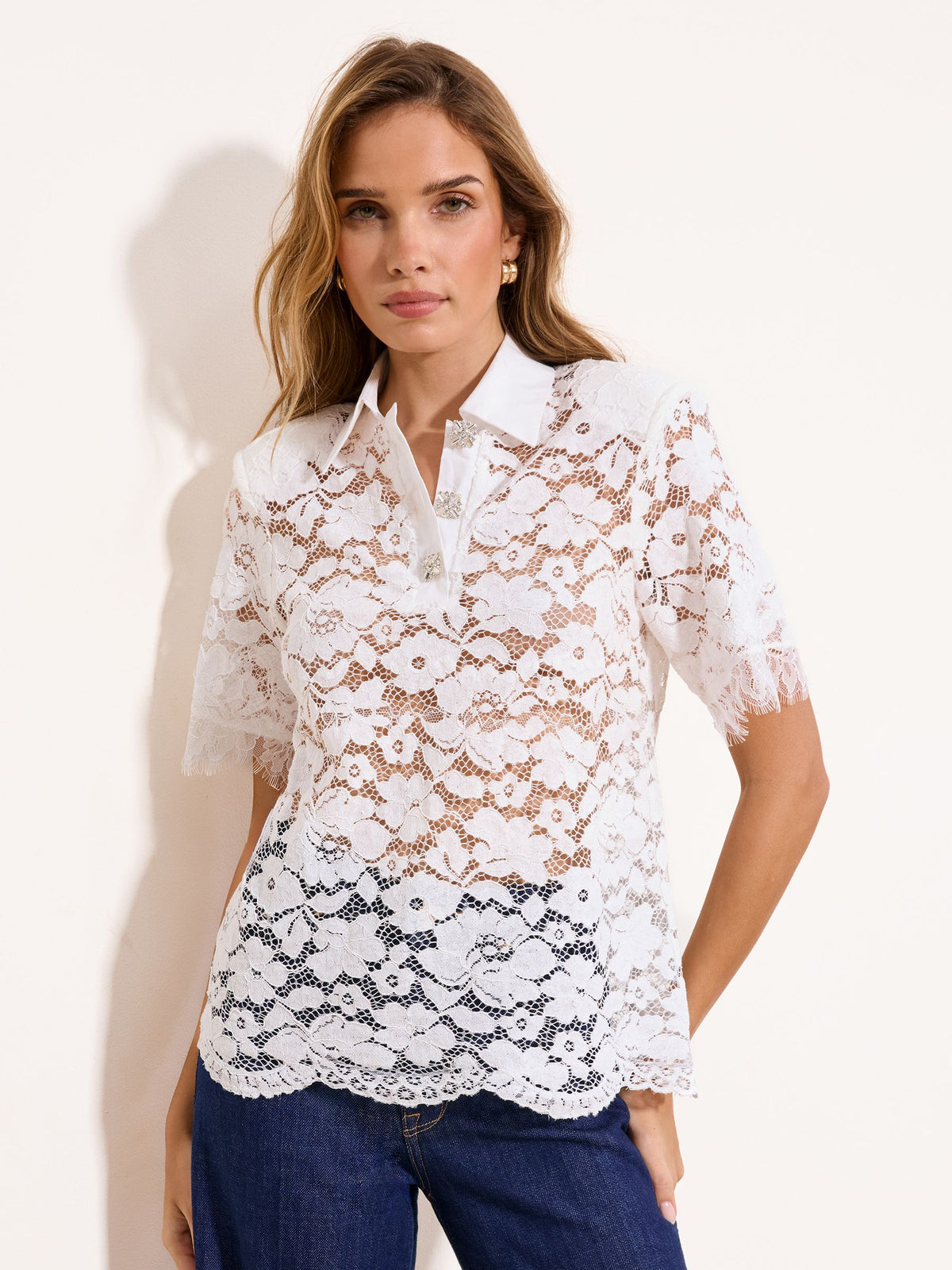 Lipsy London Lipsy White Lace Short Sleeve Shirt With Shoulder Pads