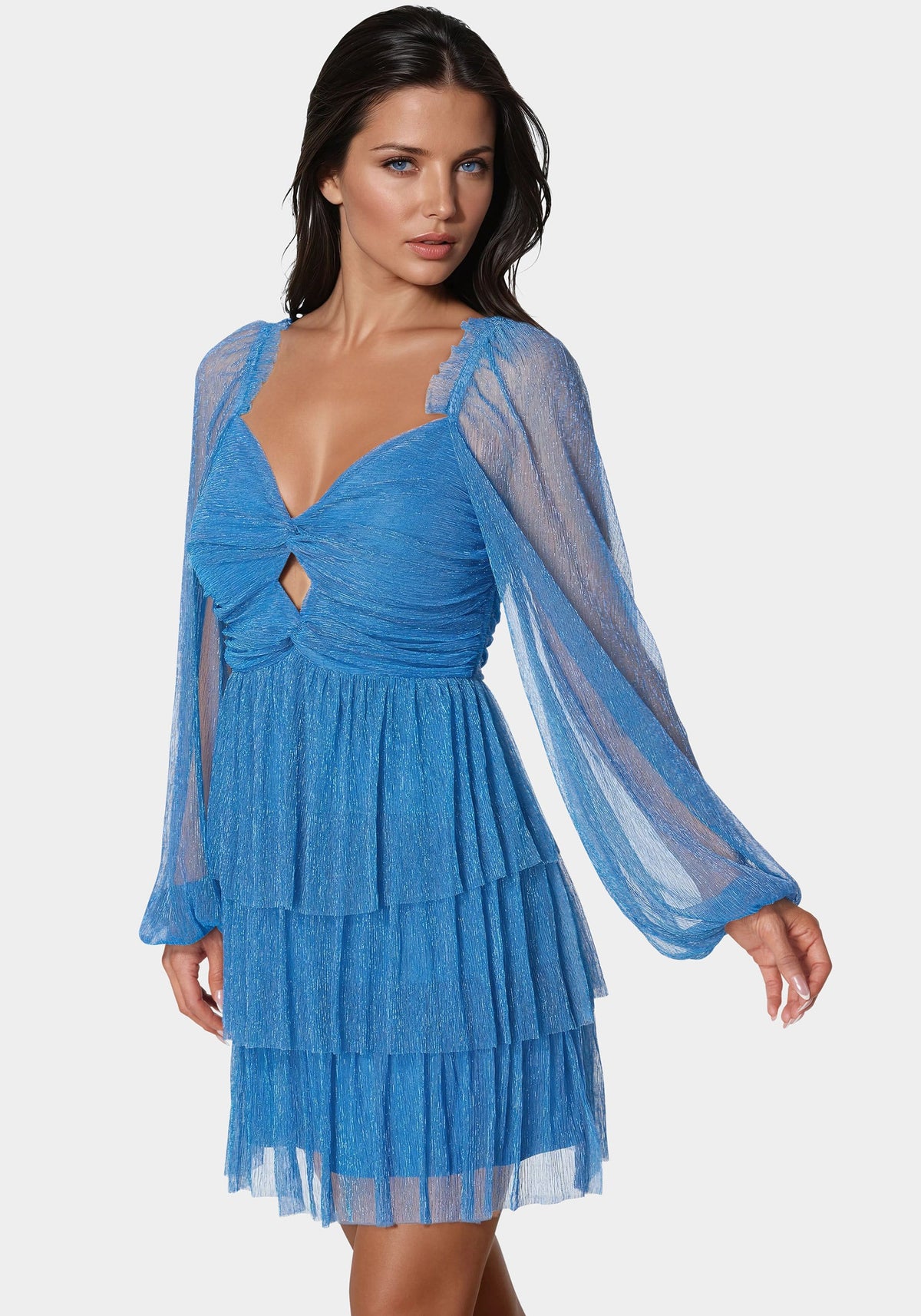 Bebe Tiered Twist Front Lurex Mini Dress
