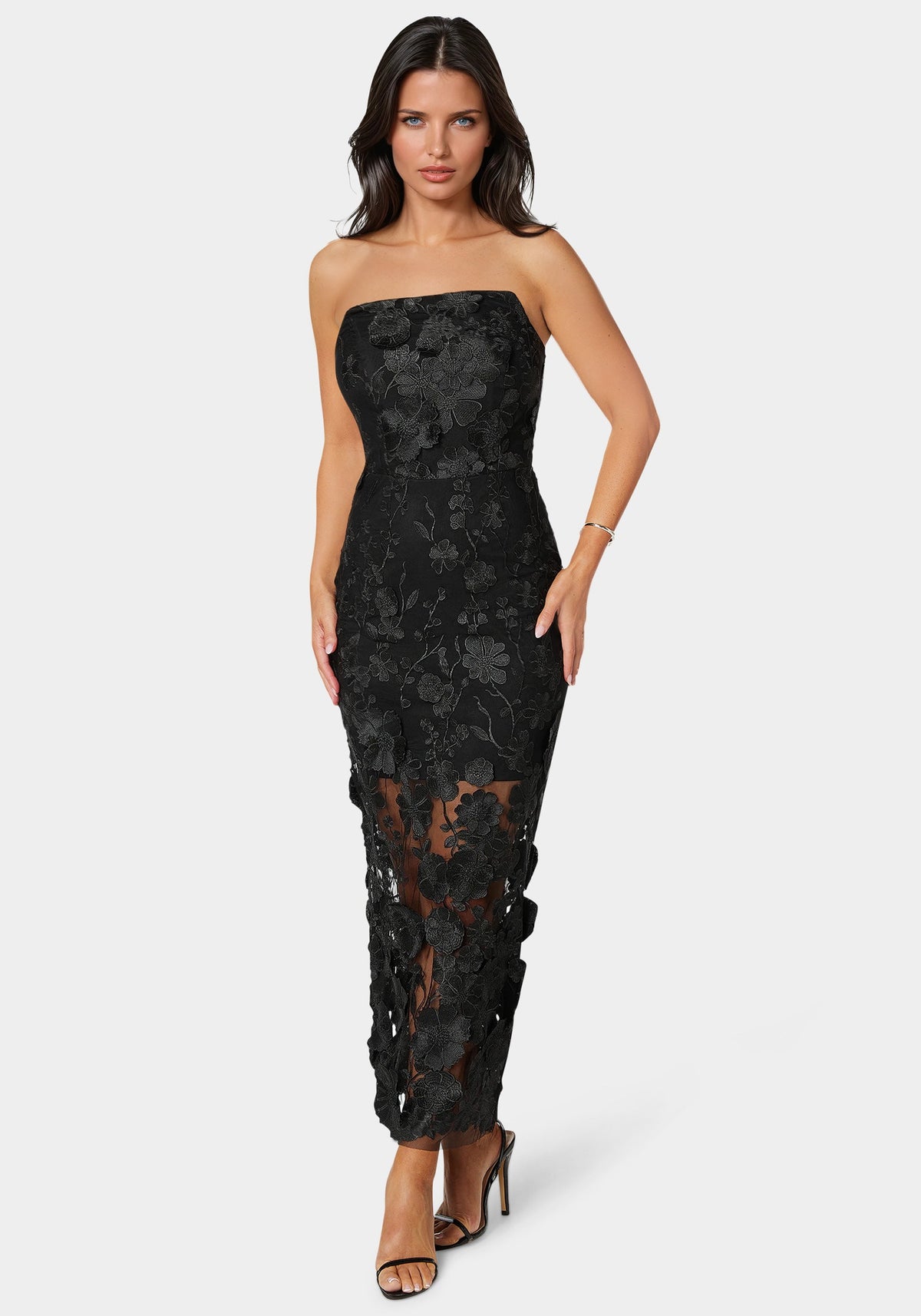 Bebe 3D Floral Strapless Gown