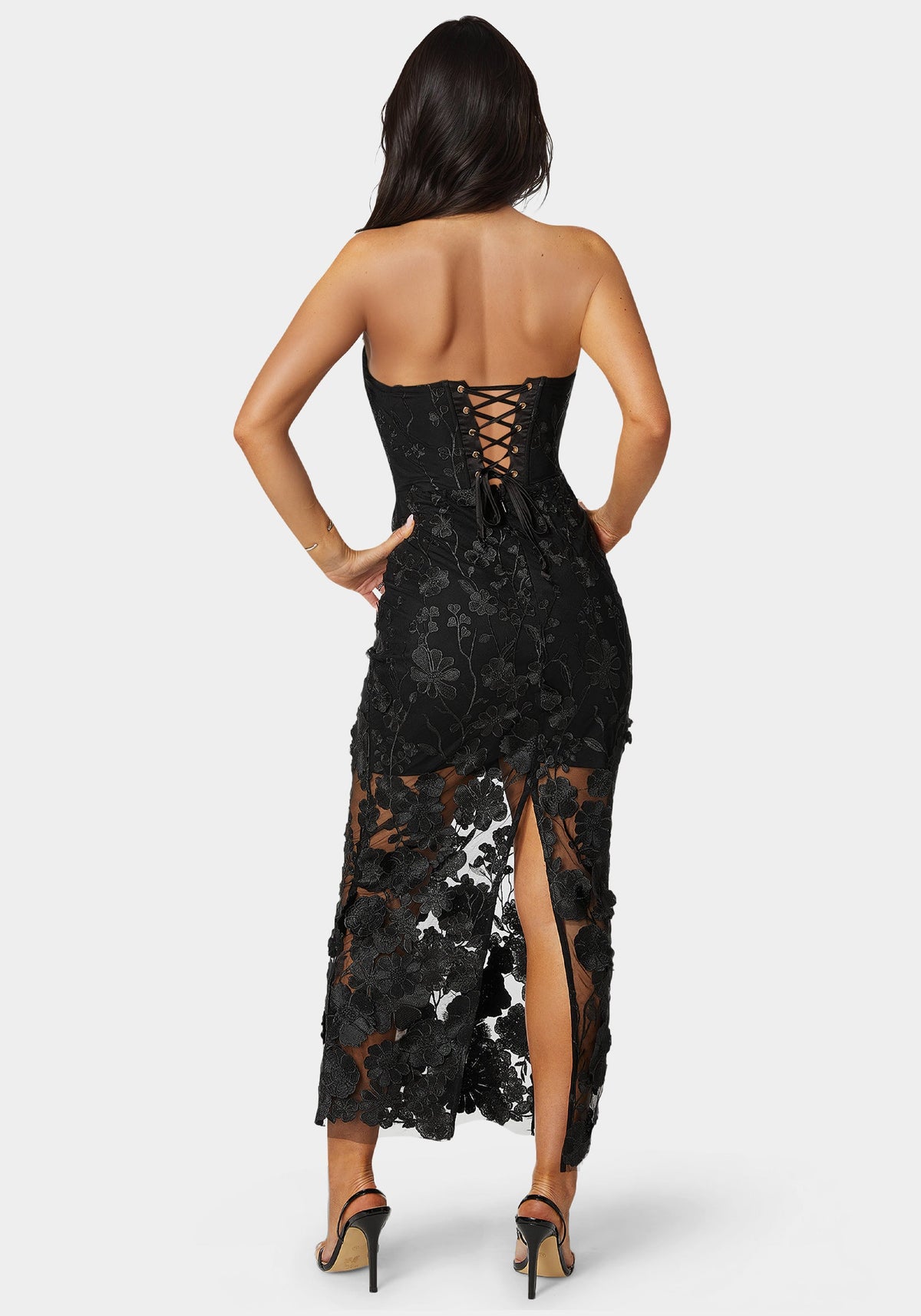 Bebe 3D Floral Strapless Gown