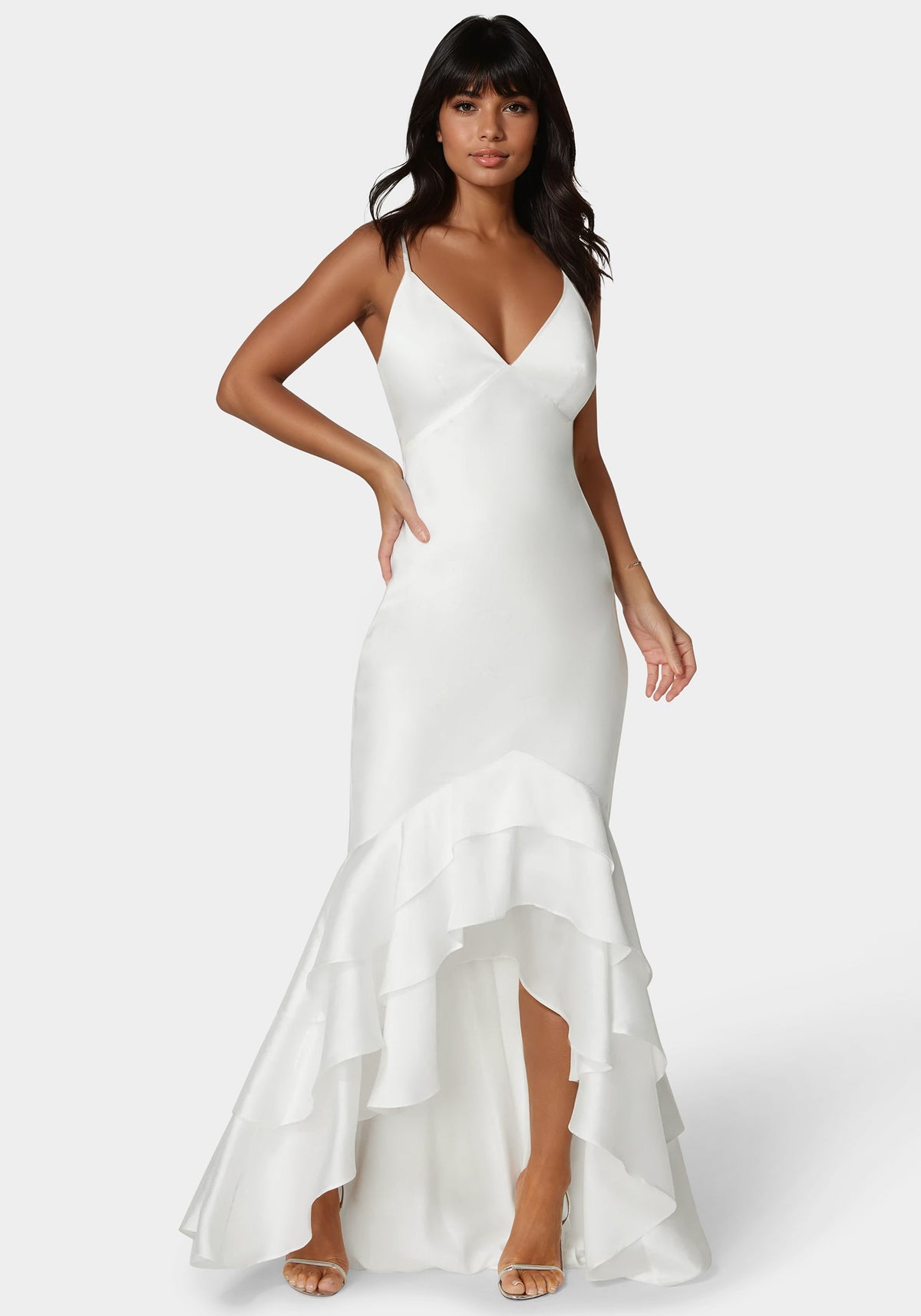 Bebe Tiered Satin High-Low Gown
