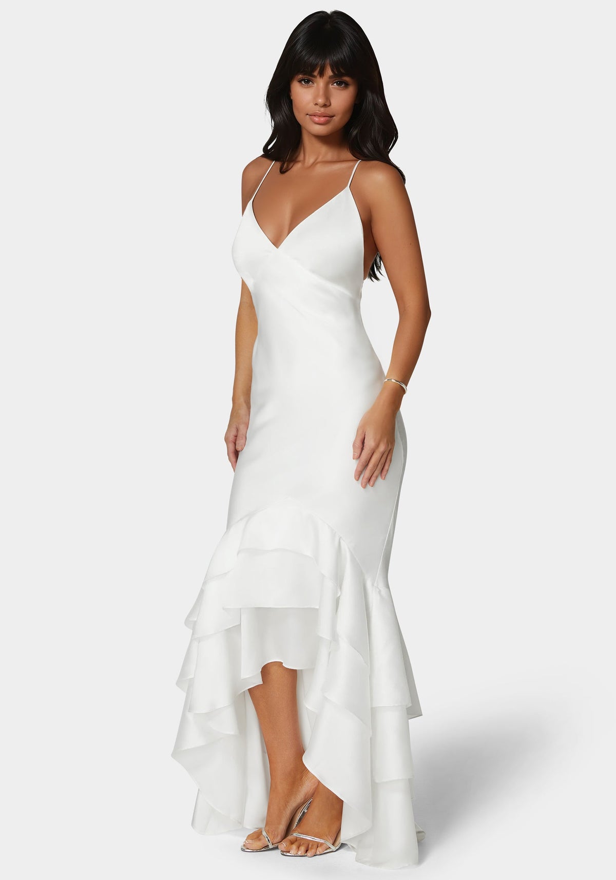 Bebe Tiered Satin High-Low Gown