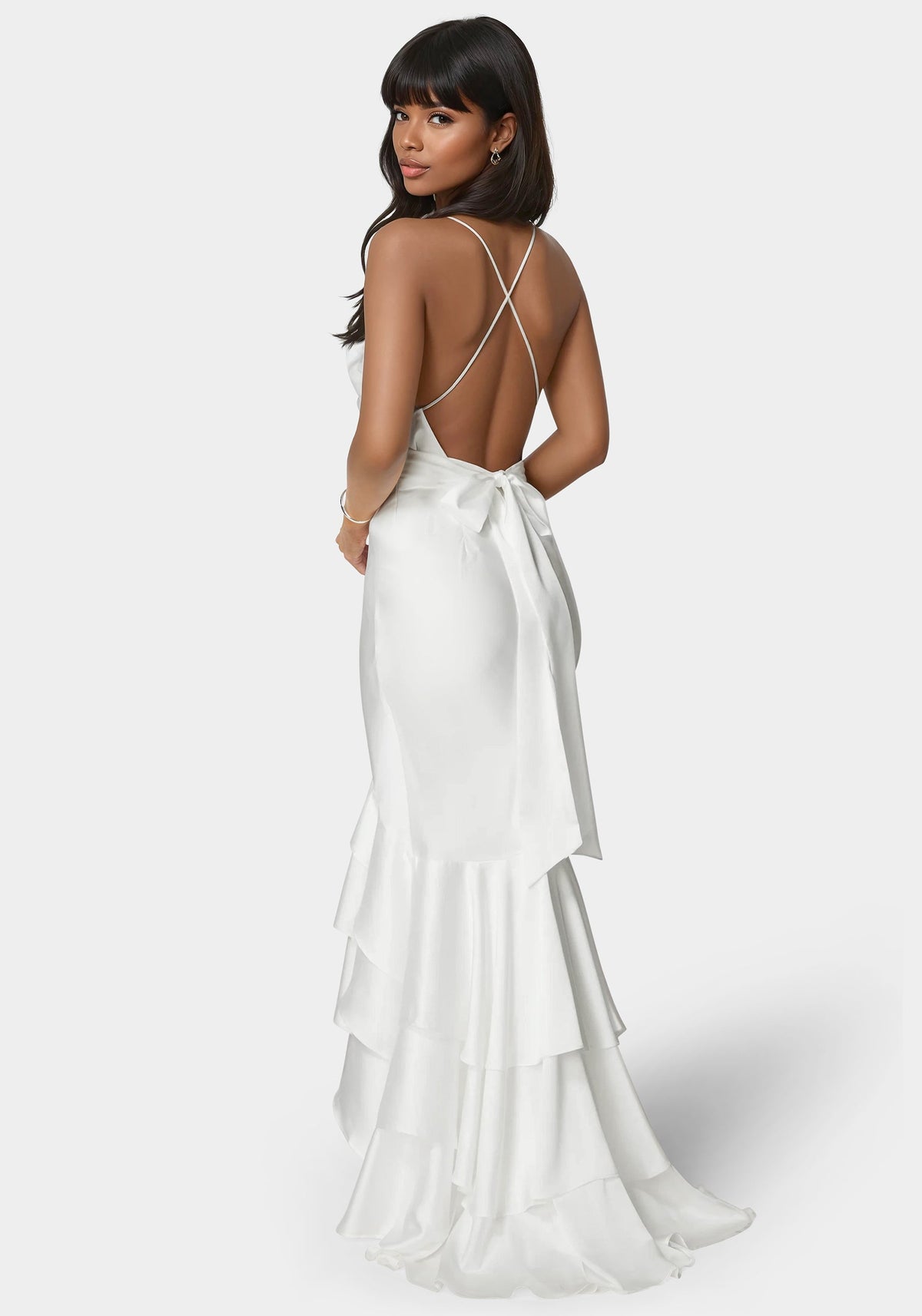 Bebe Tiered Satin High-Low Gown