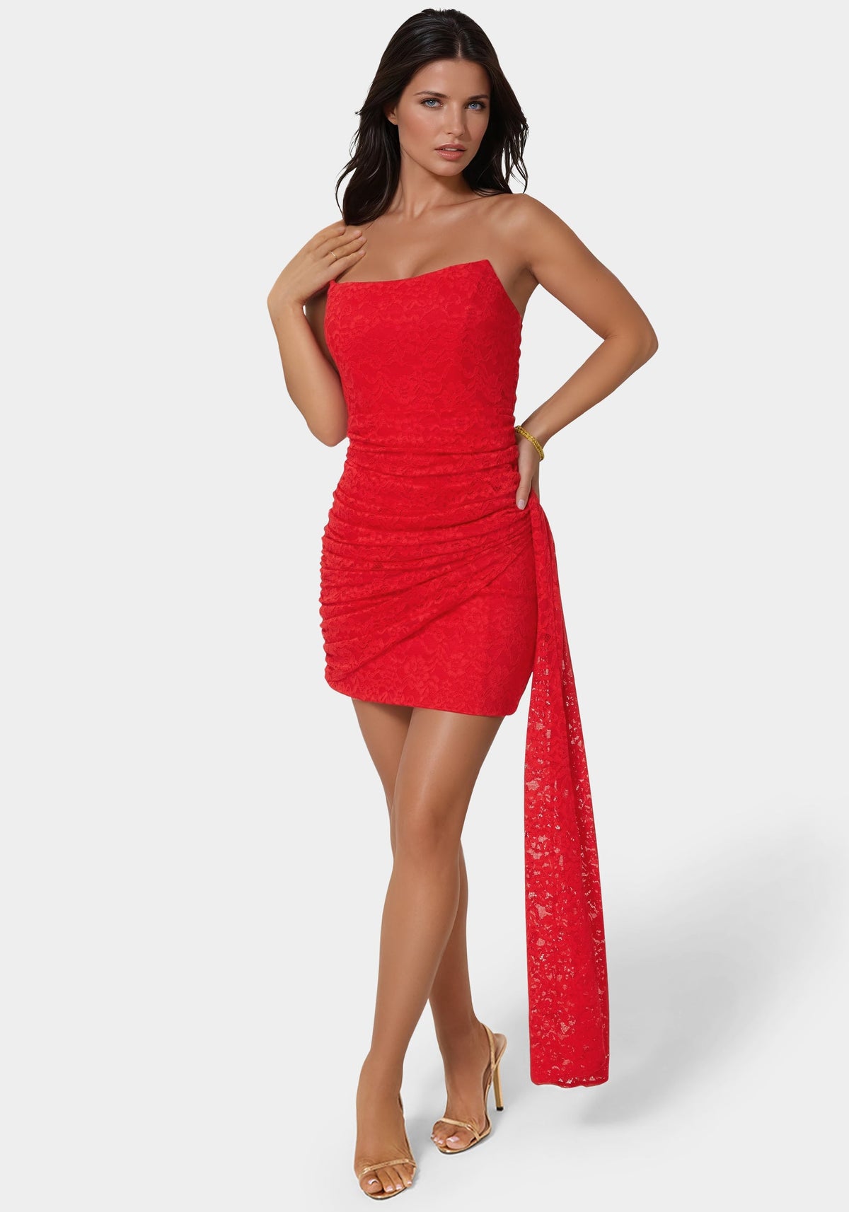 Bebe Strapless Lace Drape Detail Mini Dress