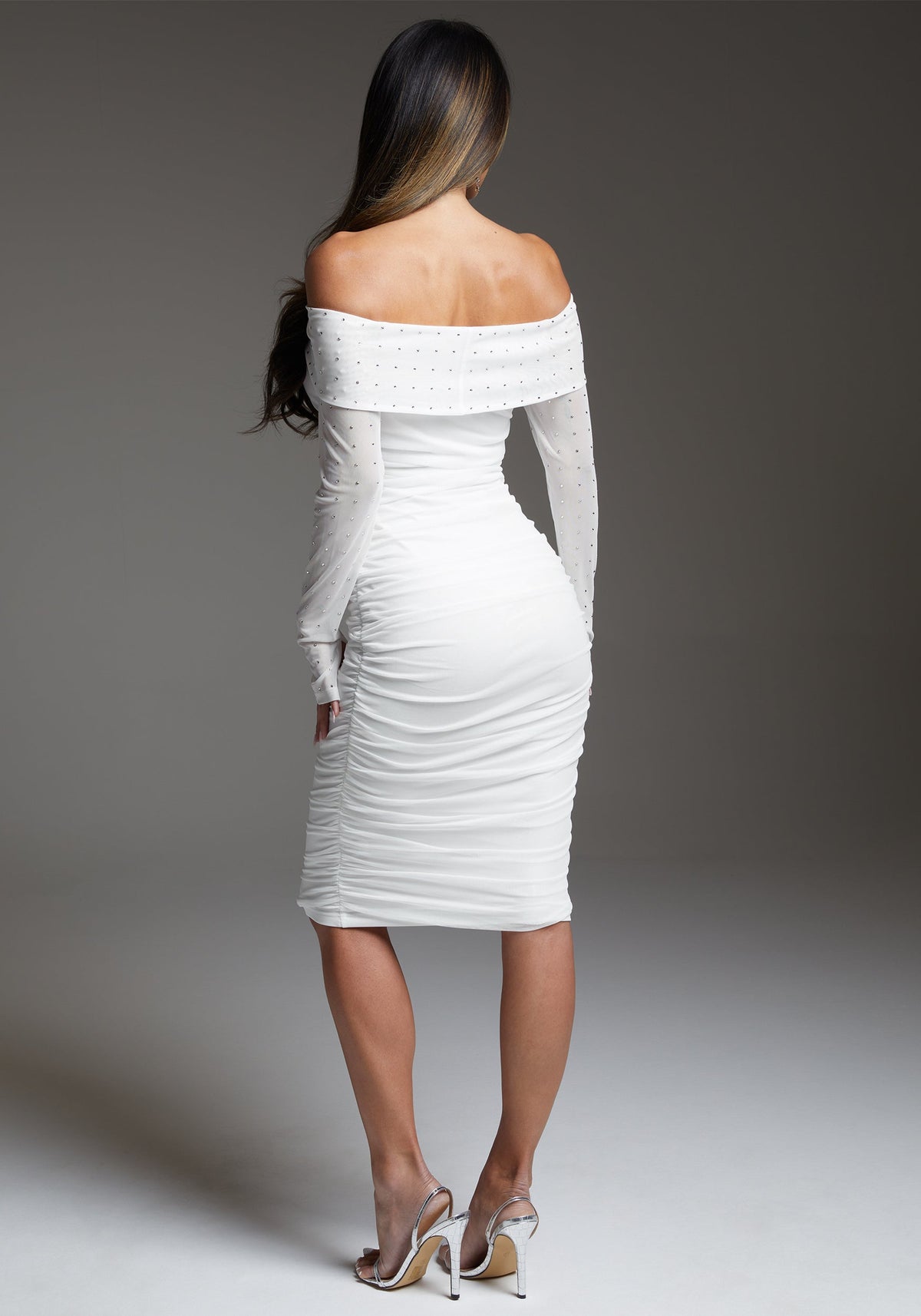 Bebe Off-Shoulder Mesh Midi Dress Embellished with Crystals