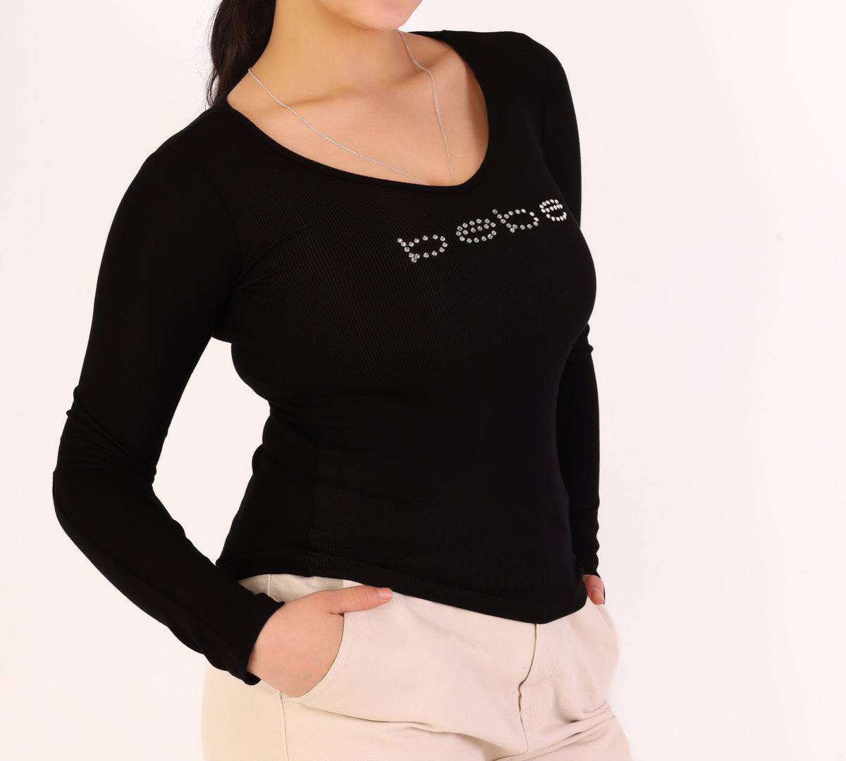 Bebe Rhinestone Embellished Long Sleeve Top