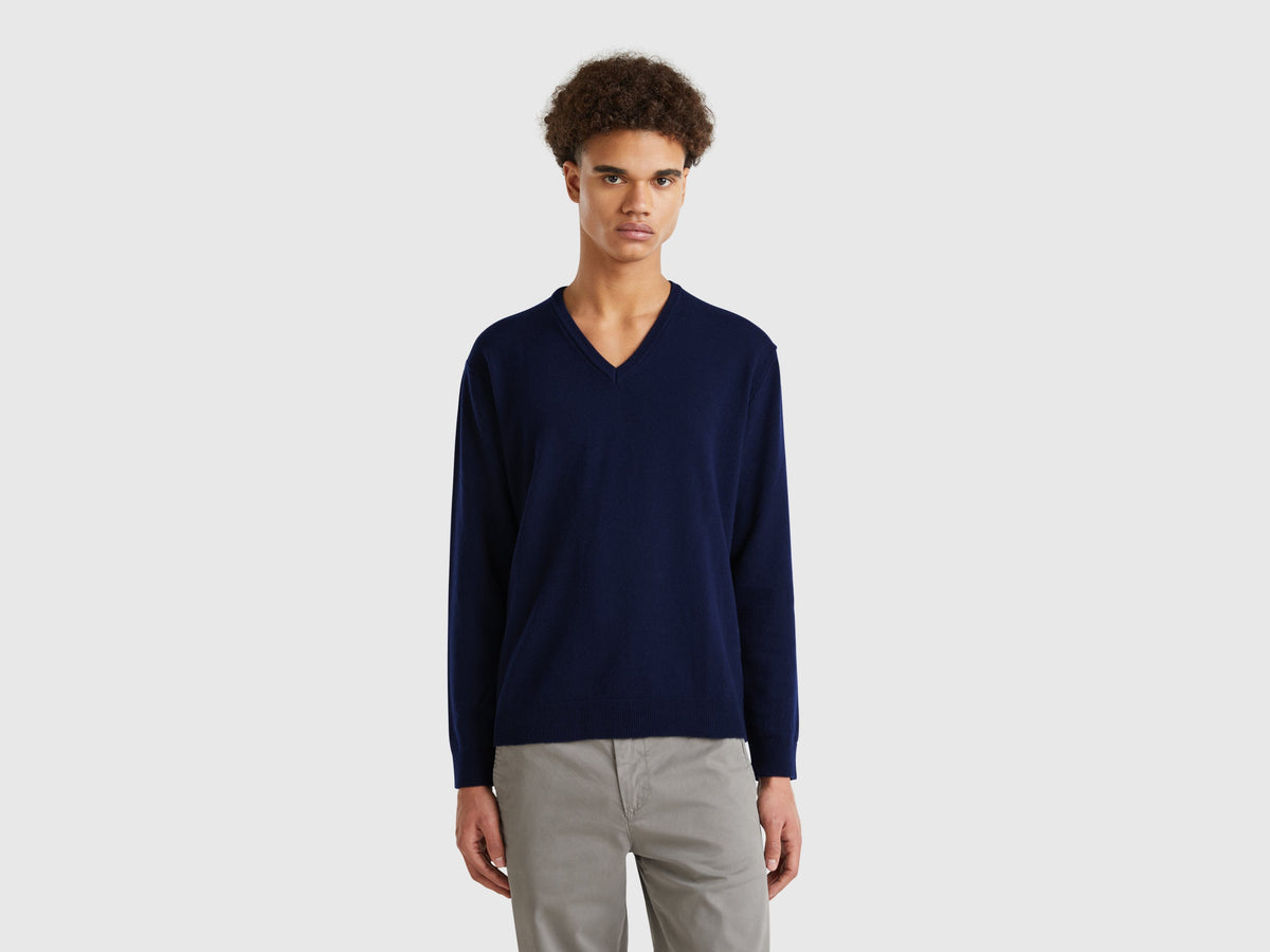 Benetton Dark blue V-neck sweater in pure Merino wool