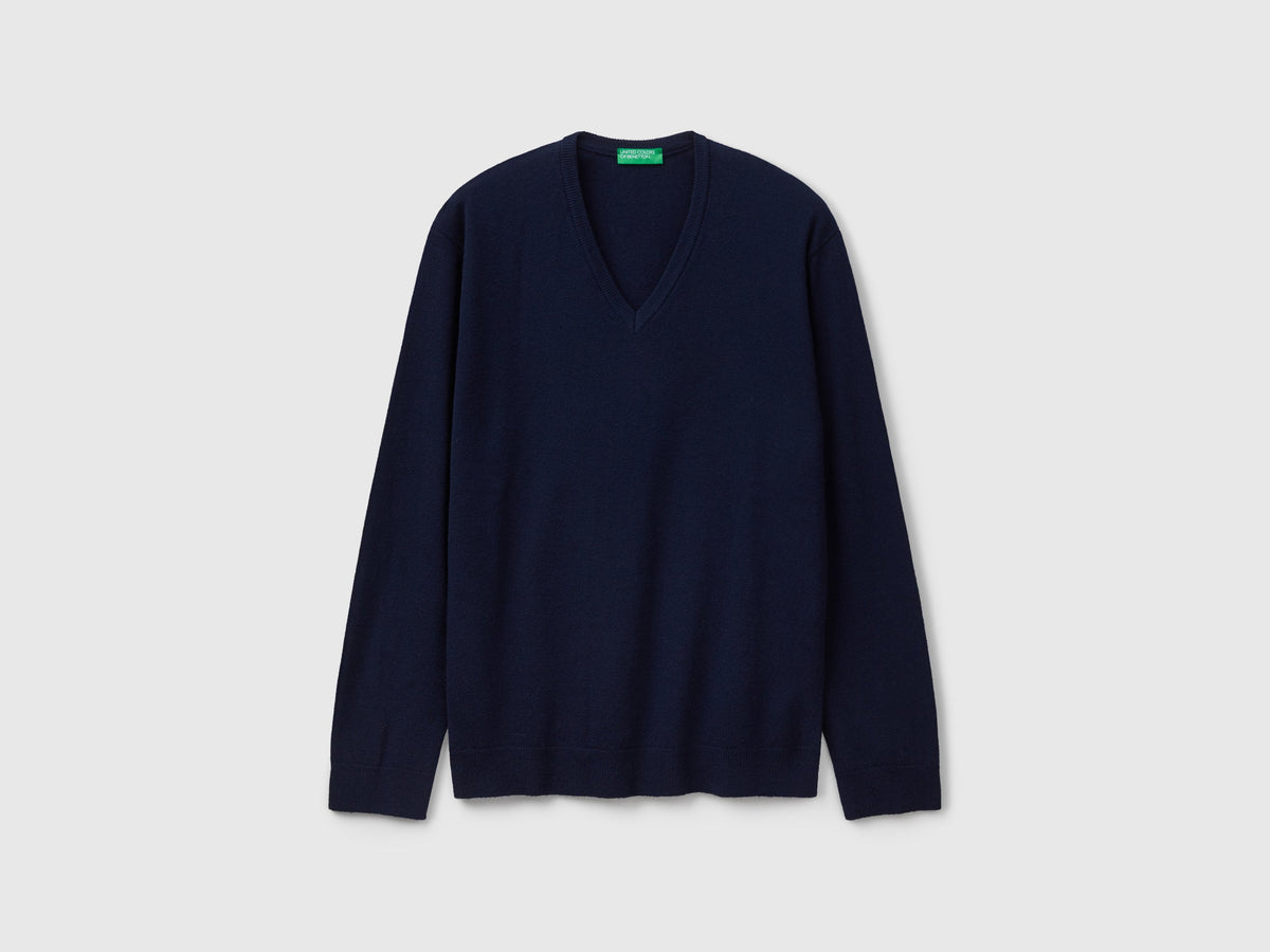 Benetton Dark blue V-neck sweater in pure Merino wool
