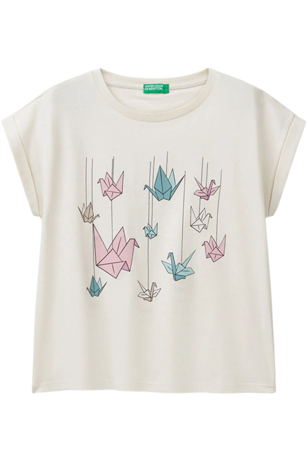 Benetton-Boxy Fit Glitter Print TShirt-Beige-6-7 Years