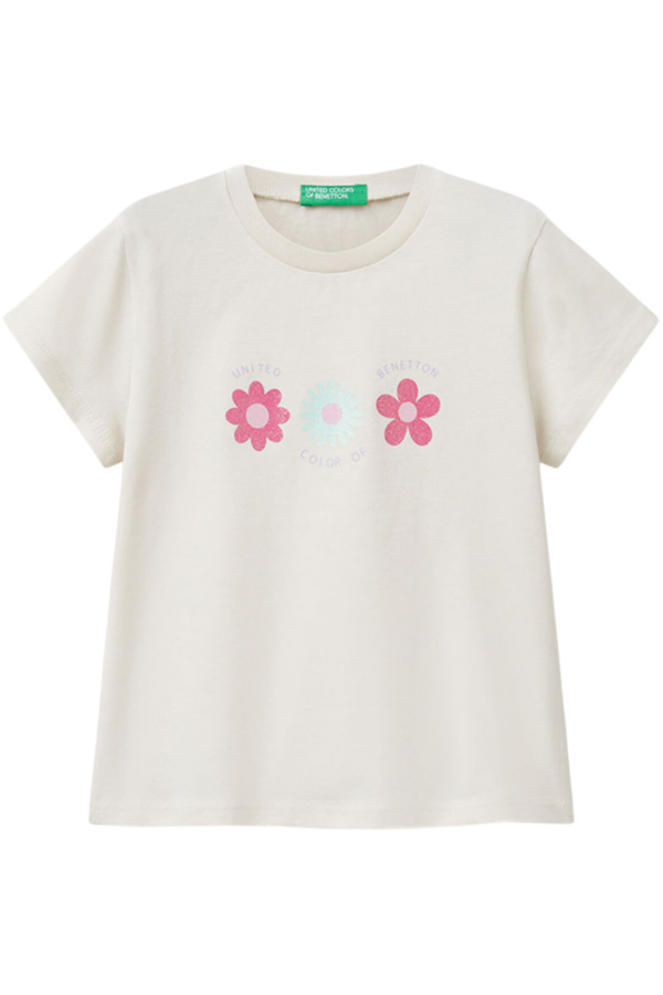 Benetton-Glitter Print TShirt-Beige-3-4 Years