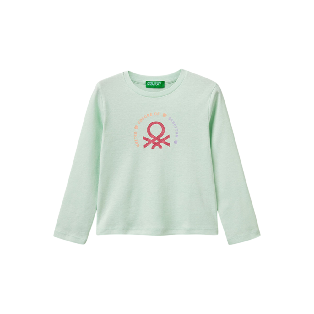 Benetton-Slim Fit Glittery Print TShirt-Mint Green-5-6 Years