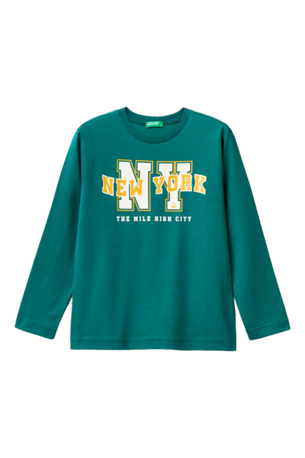 Benetton-Ny Printed Long Sleeve T-Shirt-Dark Green-10-11 Years