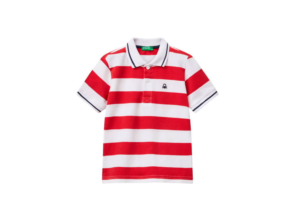 Benetton-Striped Short Sleeve Polo-Red-5-6 Years