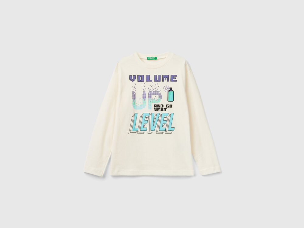 Benetton-Printed Crew Neck T-Shirt For Kids-Off-White-10-11 Years