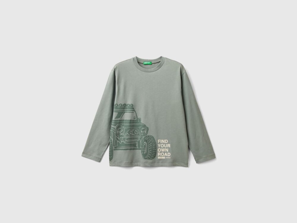 Benetton-Printed Long Sleeve Crew Neck T-Shirt-Dark Grey-10-11 Years