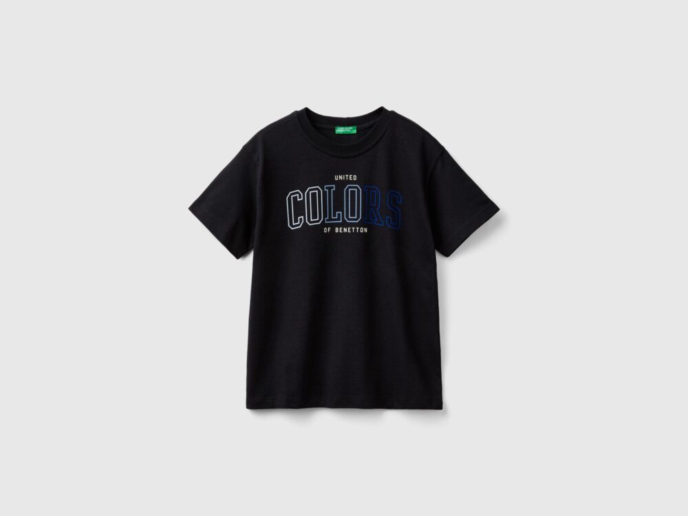 Benetton-Crew Neck Printed Short Sleeve T-Shirt-Black-13-14 Years